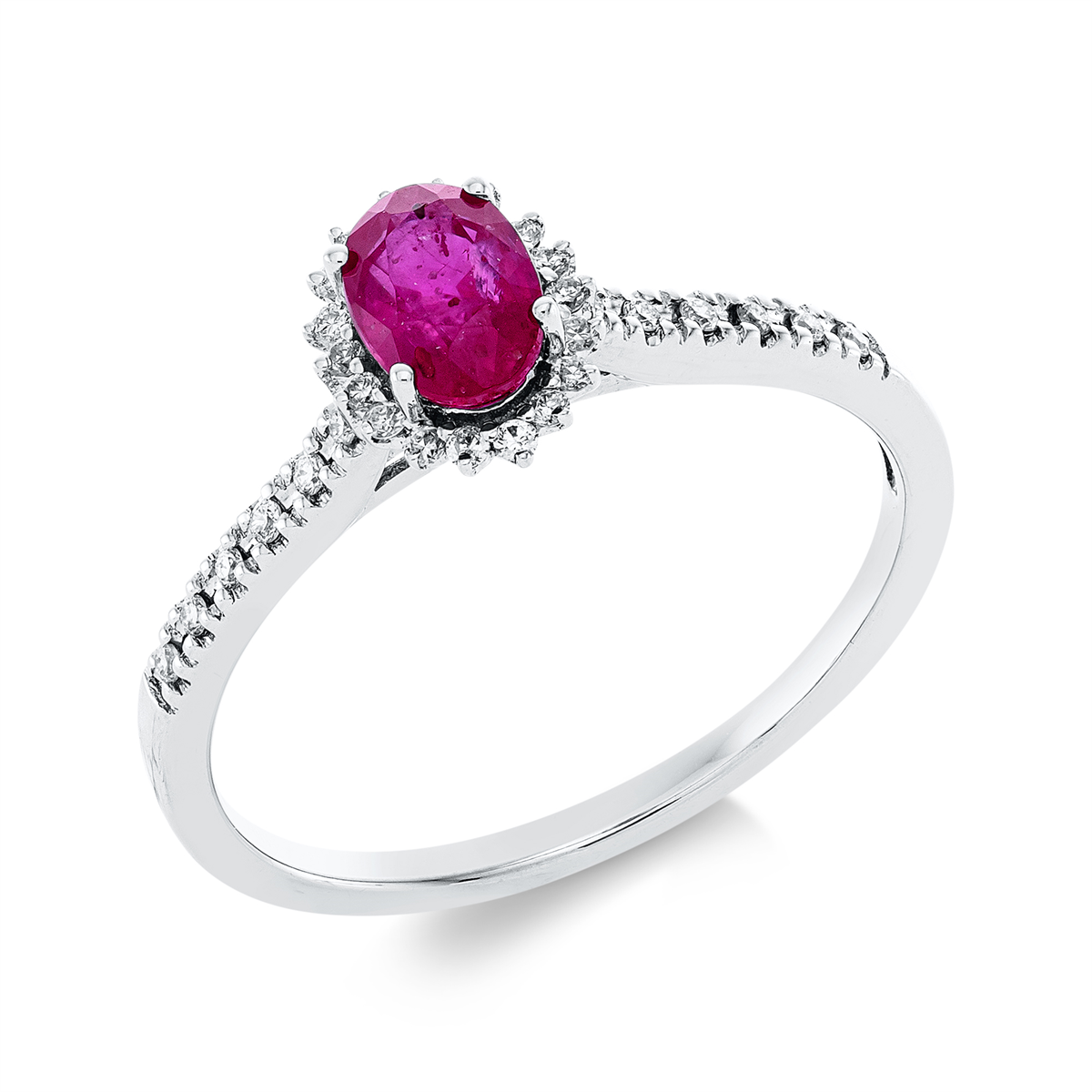 diamond full cut ruby colored stone classic ring in white gold