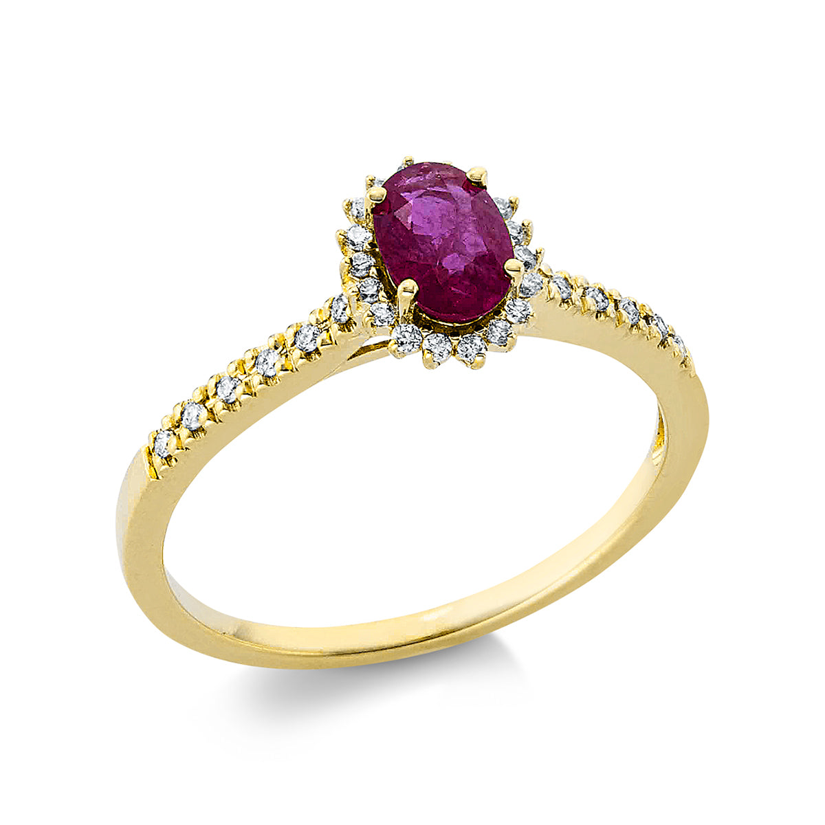 diamond full cut ruby colored stone classic ring in yellow gold