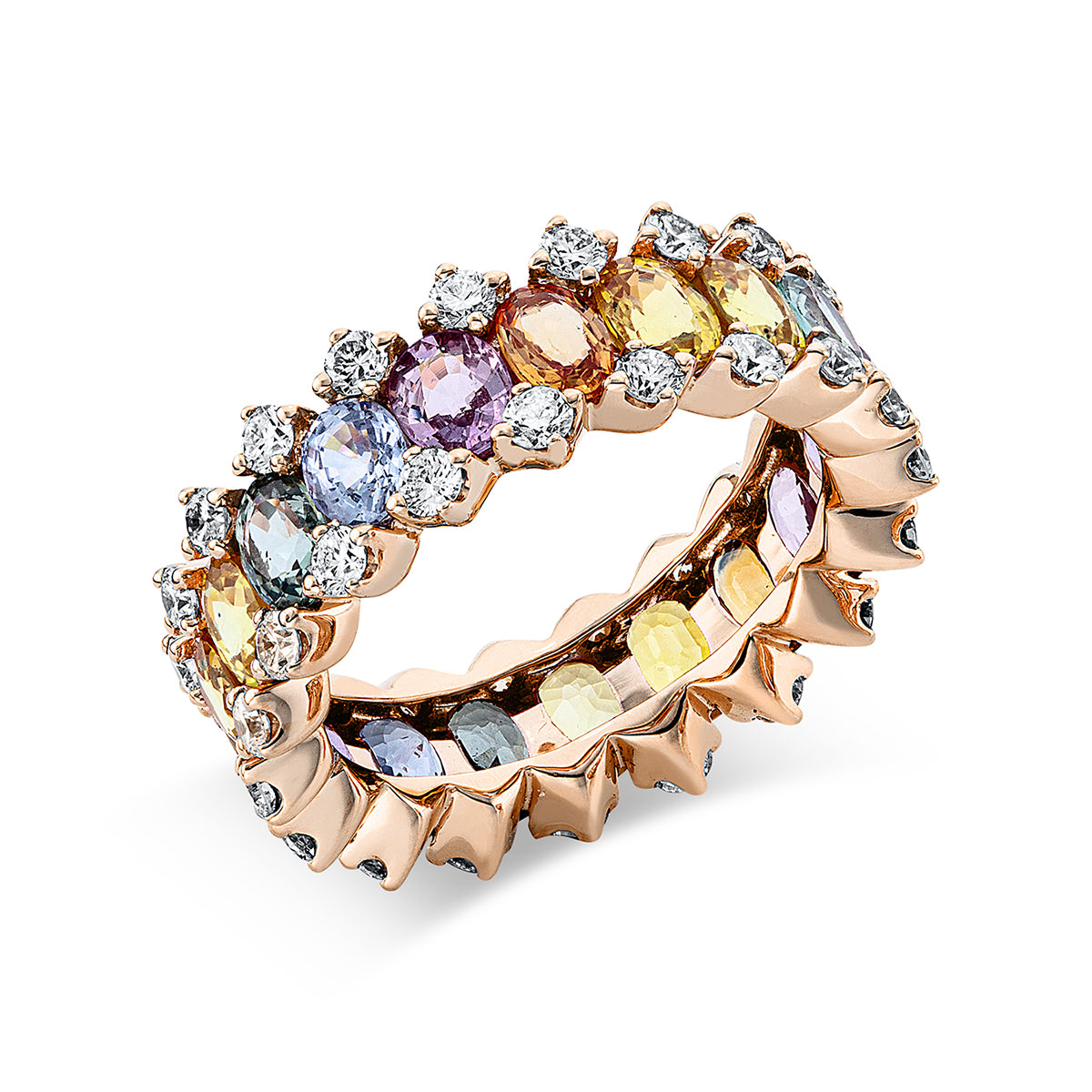 diamond full cut sapphire rainbow & multicolor ring in red gold
