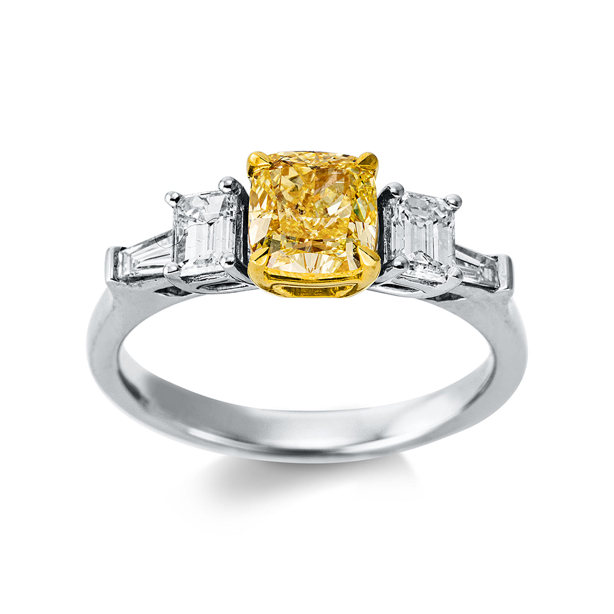 baguette  fancy colored diamond ring in white gold / yellow gold