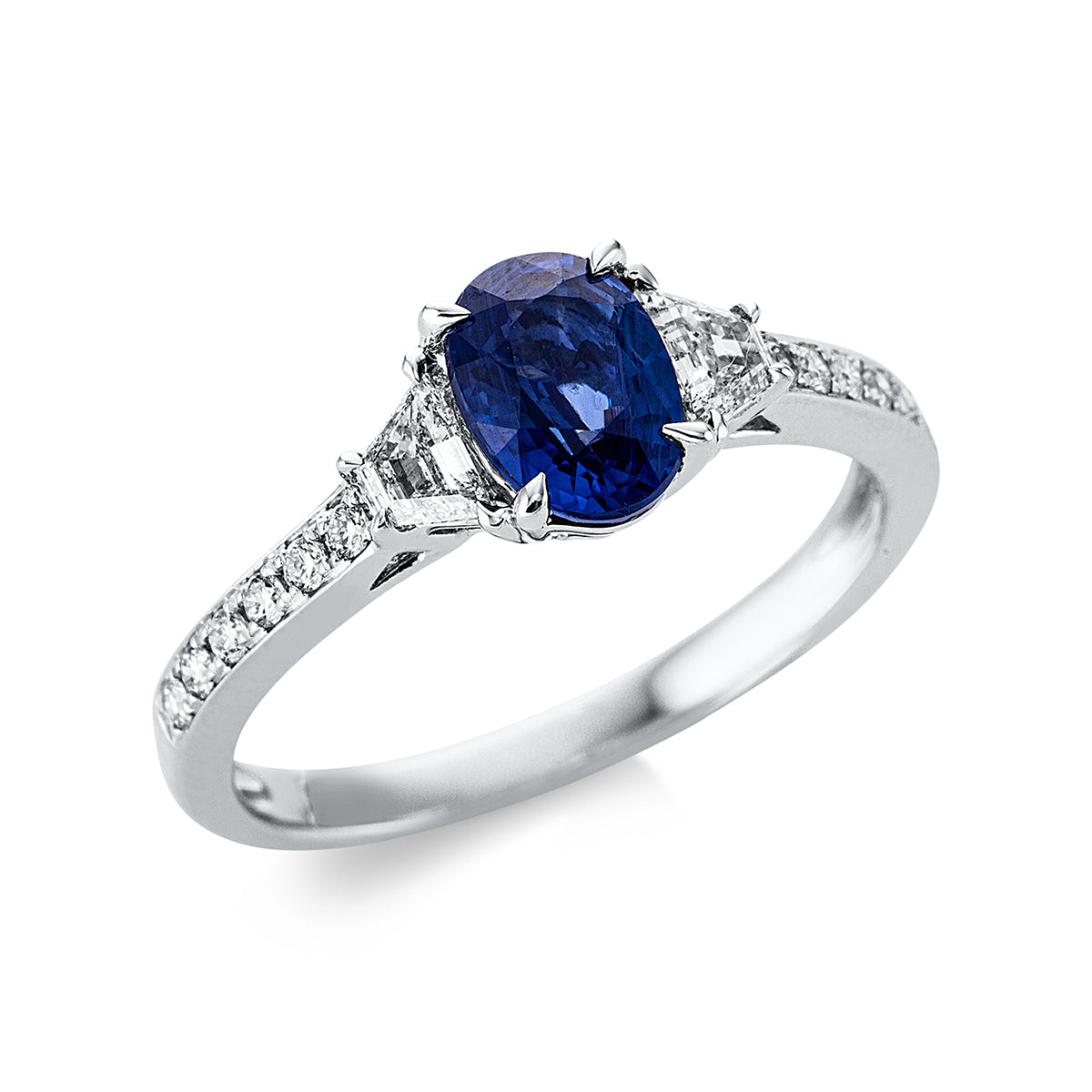 diamond full cut sapphire colored stone classic ring in white gold