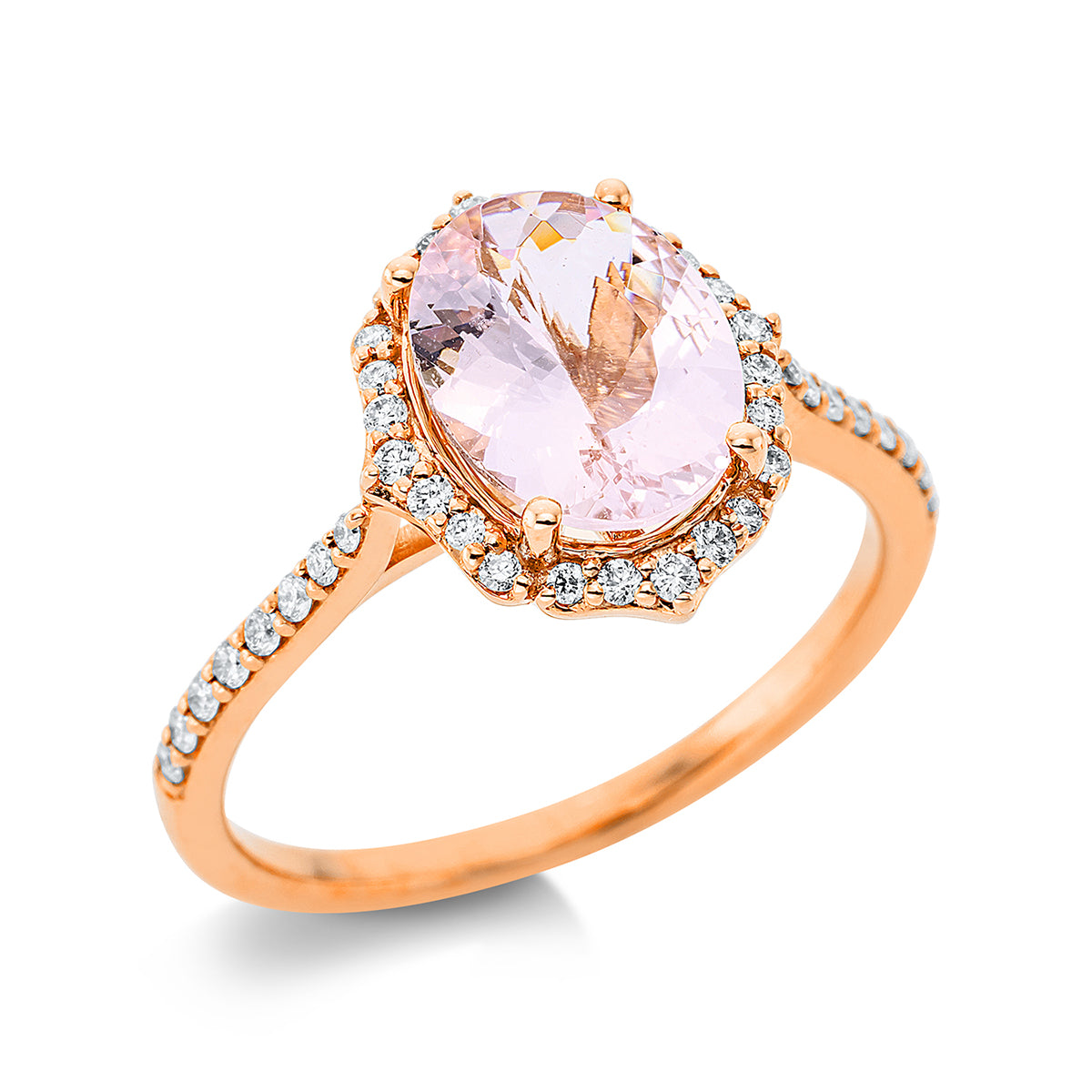 diamond full cut morganite colored stone fashion ring in red gold