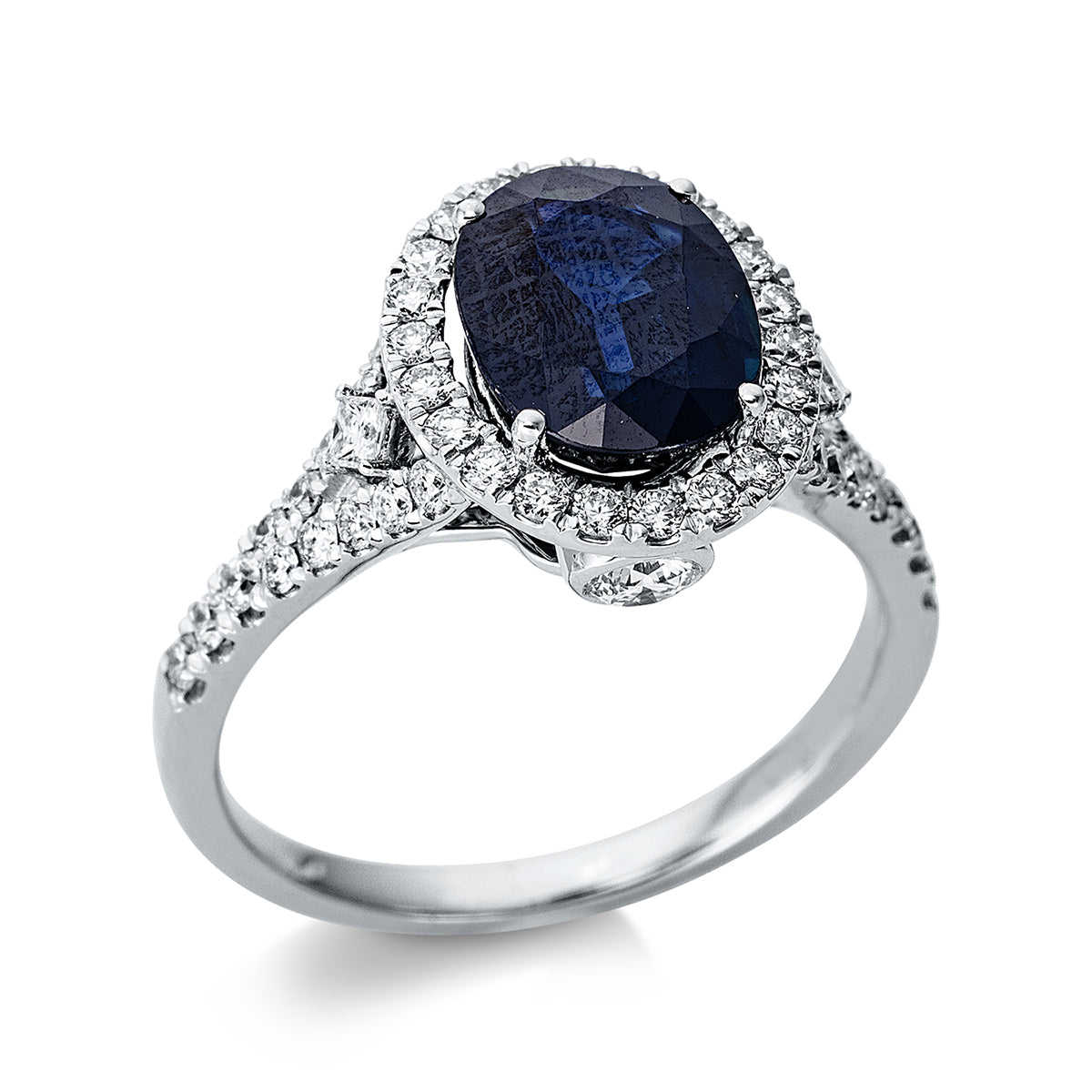 diamond full cut sapphire colored stone classic ring in white gold