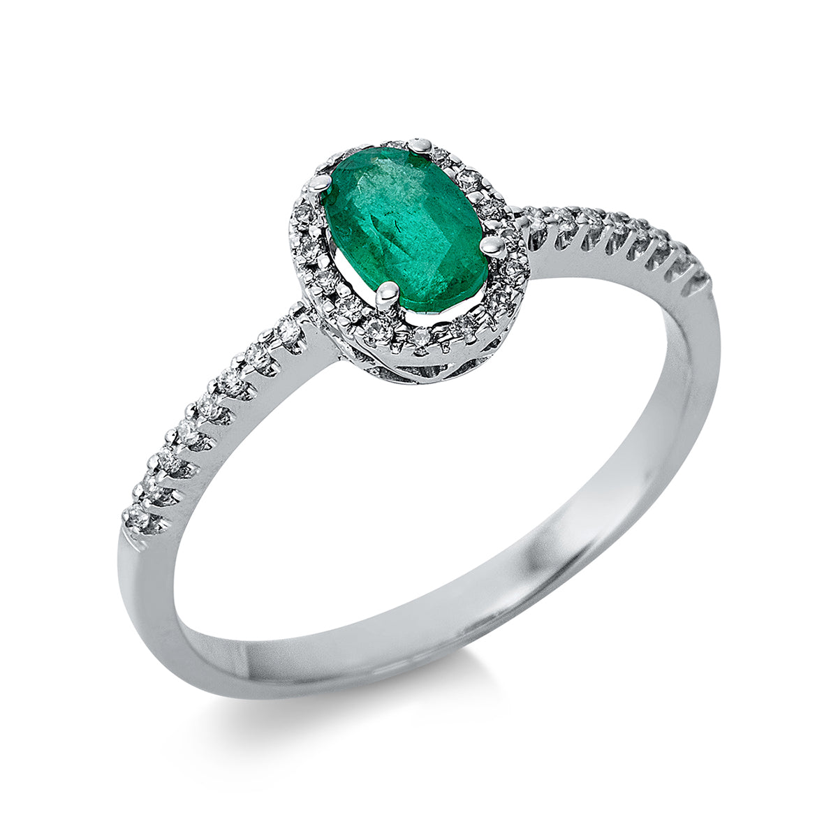 diamond full cut emerald colored stone classic ring in white gold