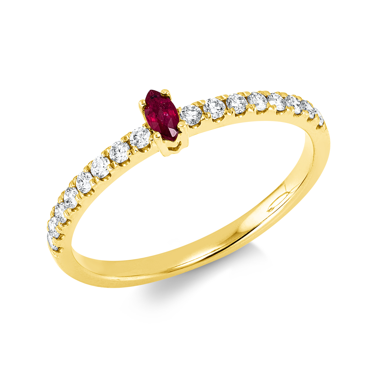 diamond full cut ruby colored stone classic ring in yellow gold
