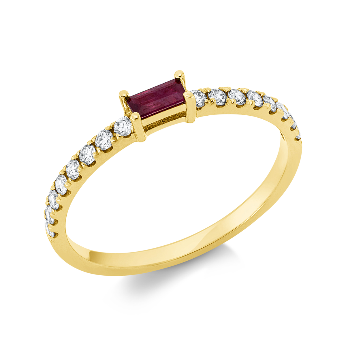 diamond full cut ruby colored stone classic ring in yellow gold