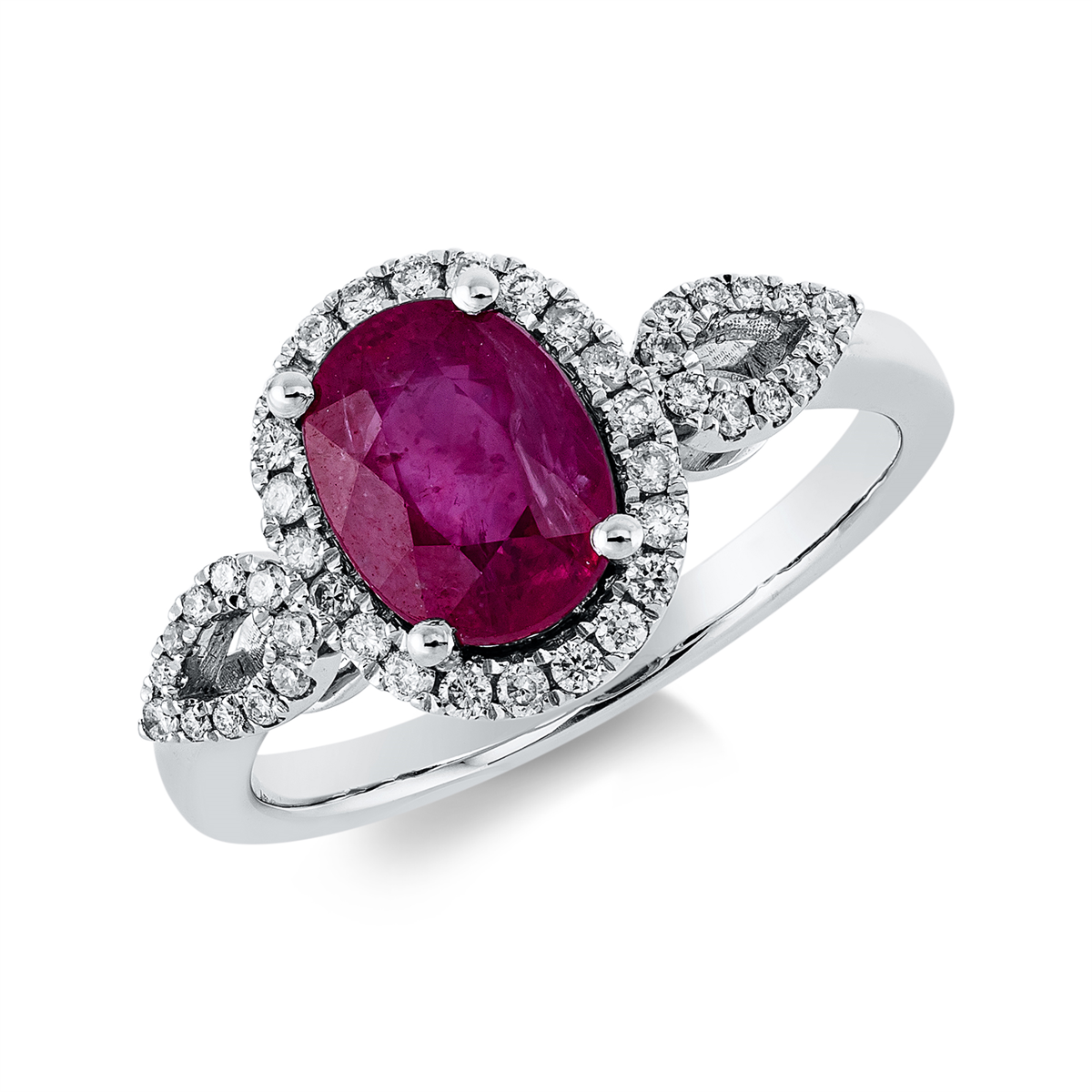 diamond full cut ruby colored stone classic ring in white gold