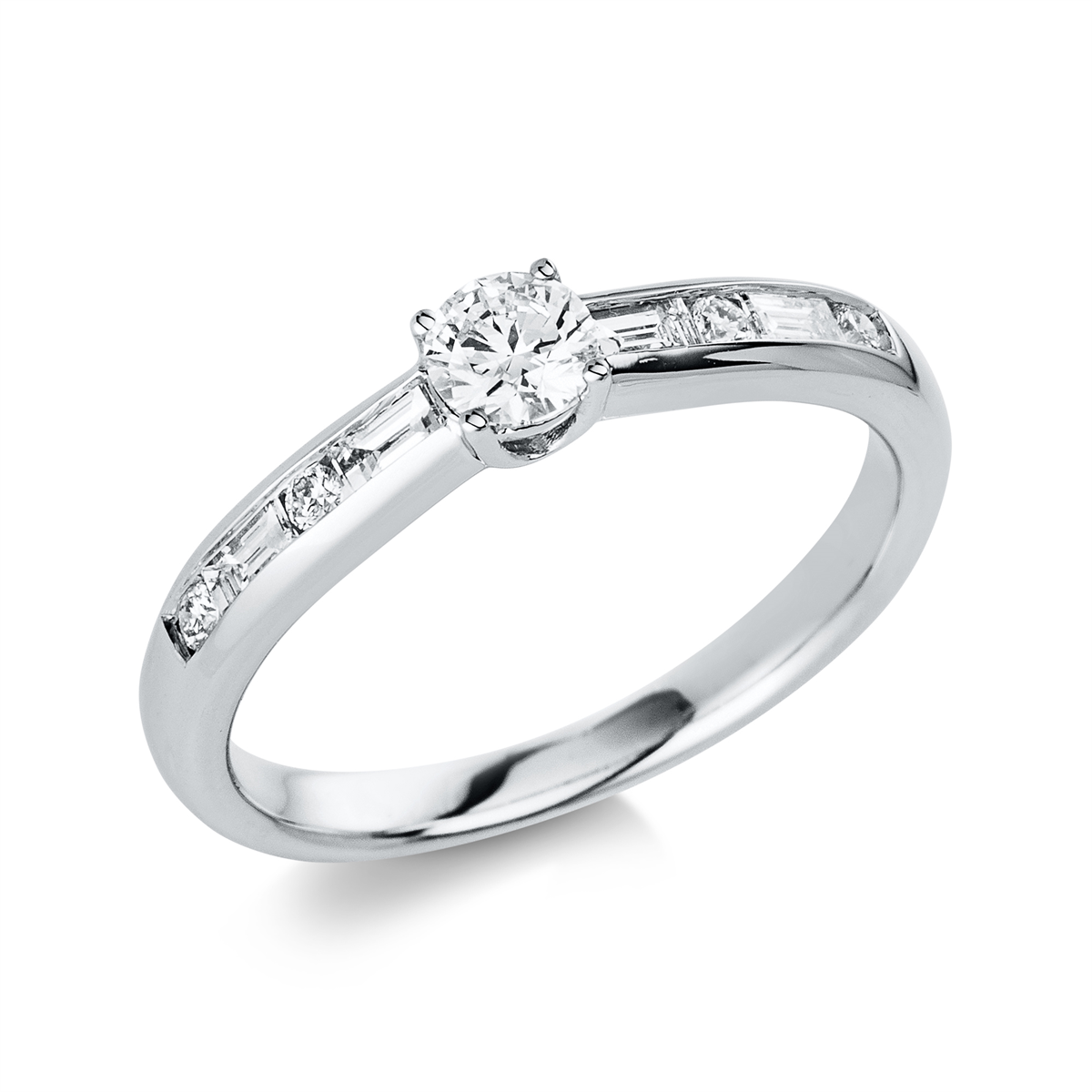 baguette  solitaire with accent stones ring in white gold