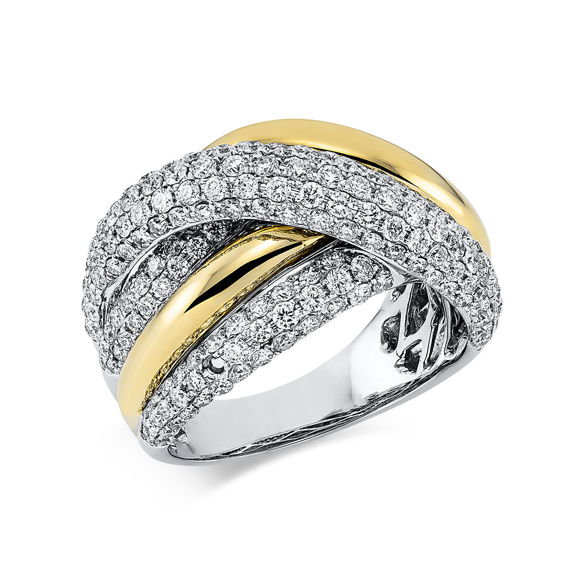 diamond full cut  criss cross ring in white gold / yellow gold