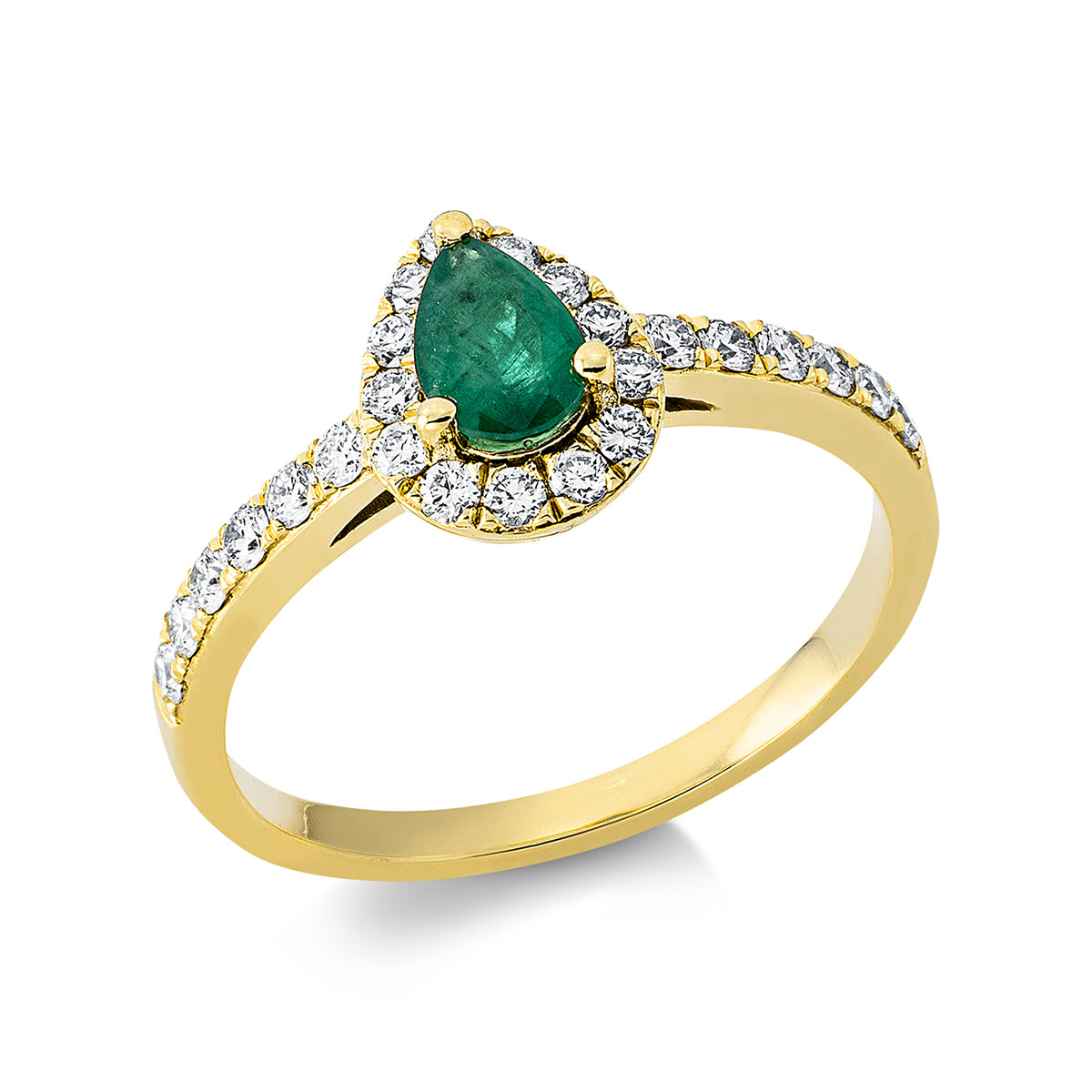 diamond full cut emerald colored stone classic ring in yellow gold