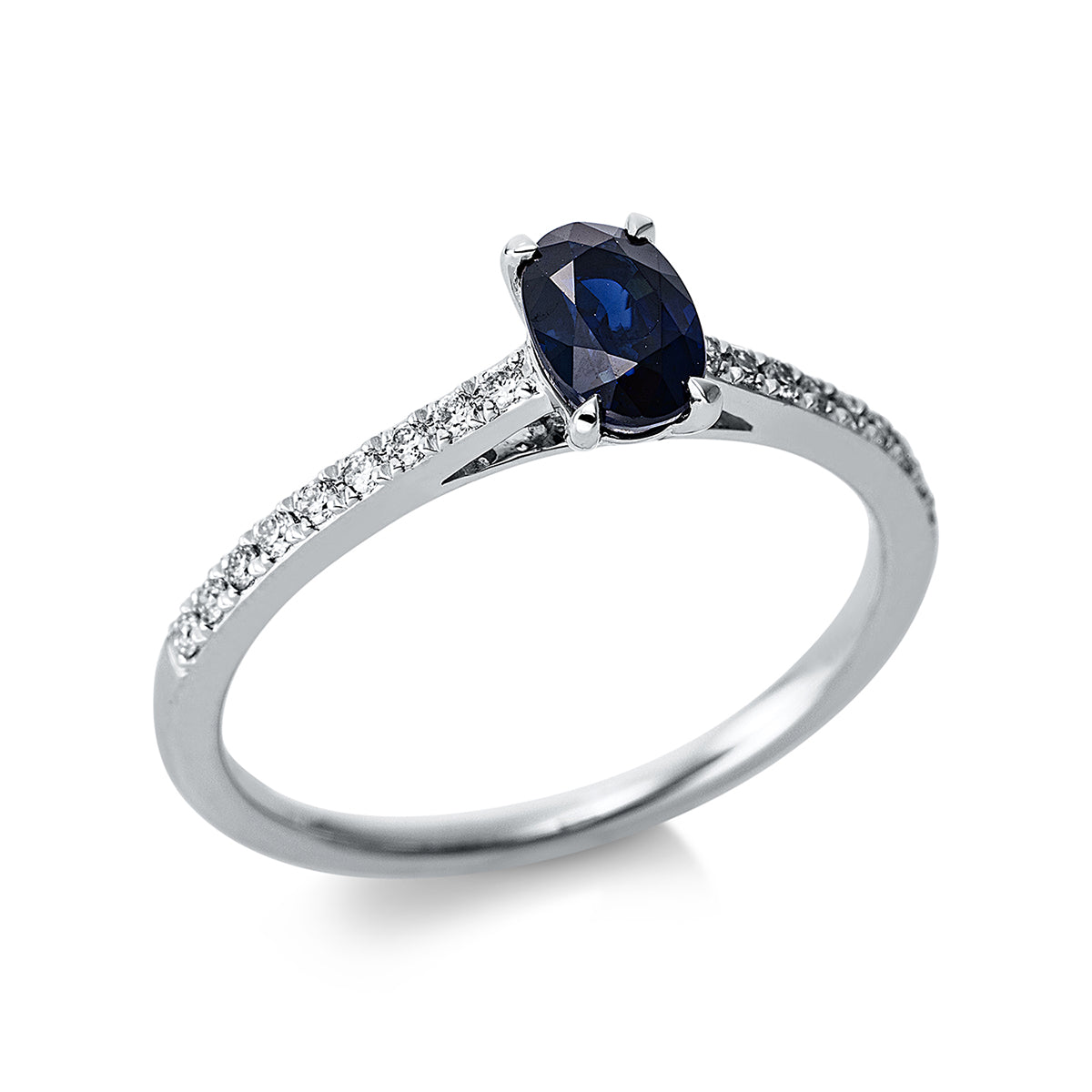diamond full cut sapphire colored stone classic ring in white gold
