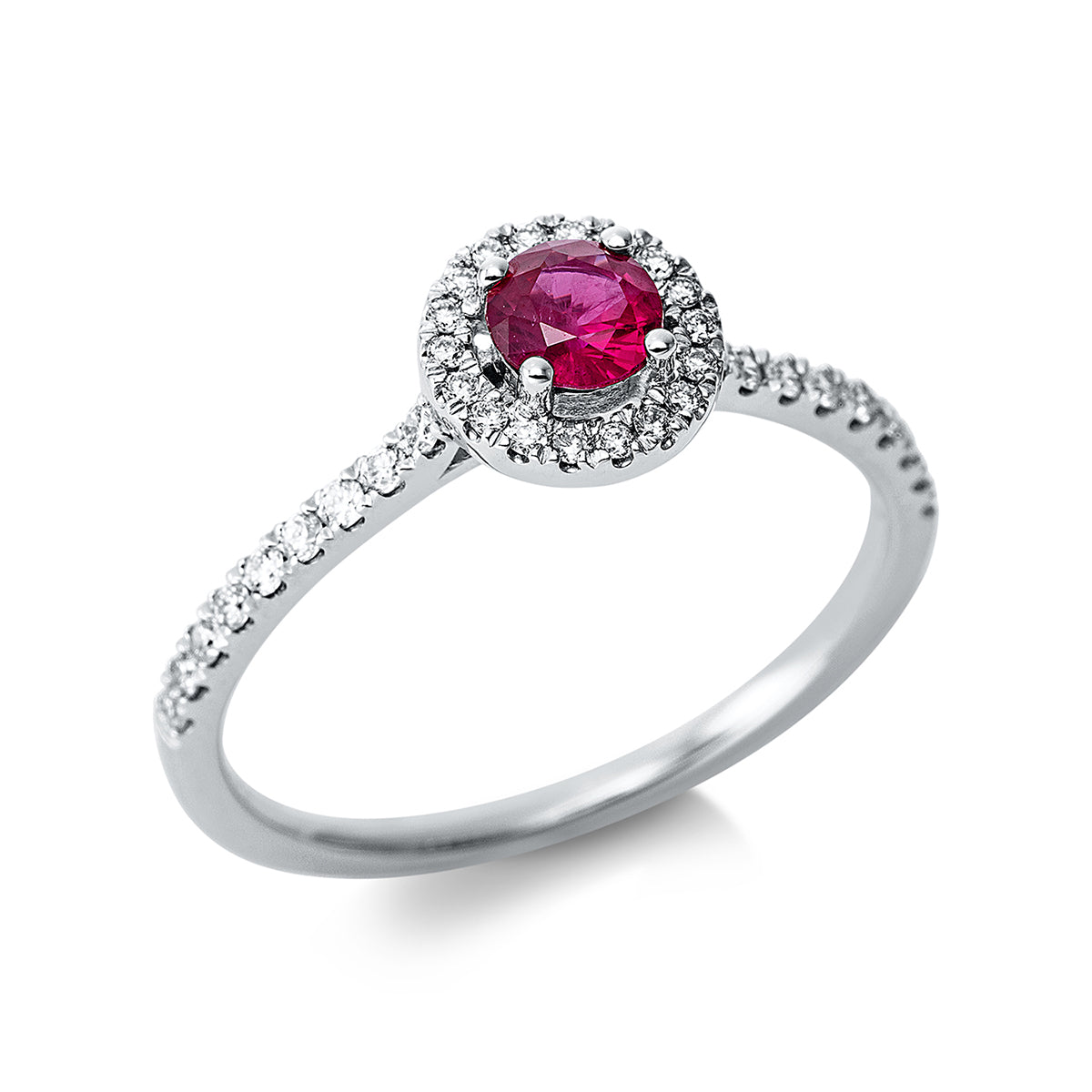 diamond full cut ruby colored stone classic ring in white gold