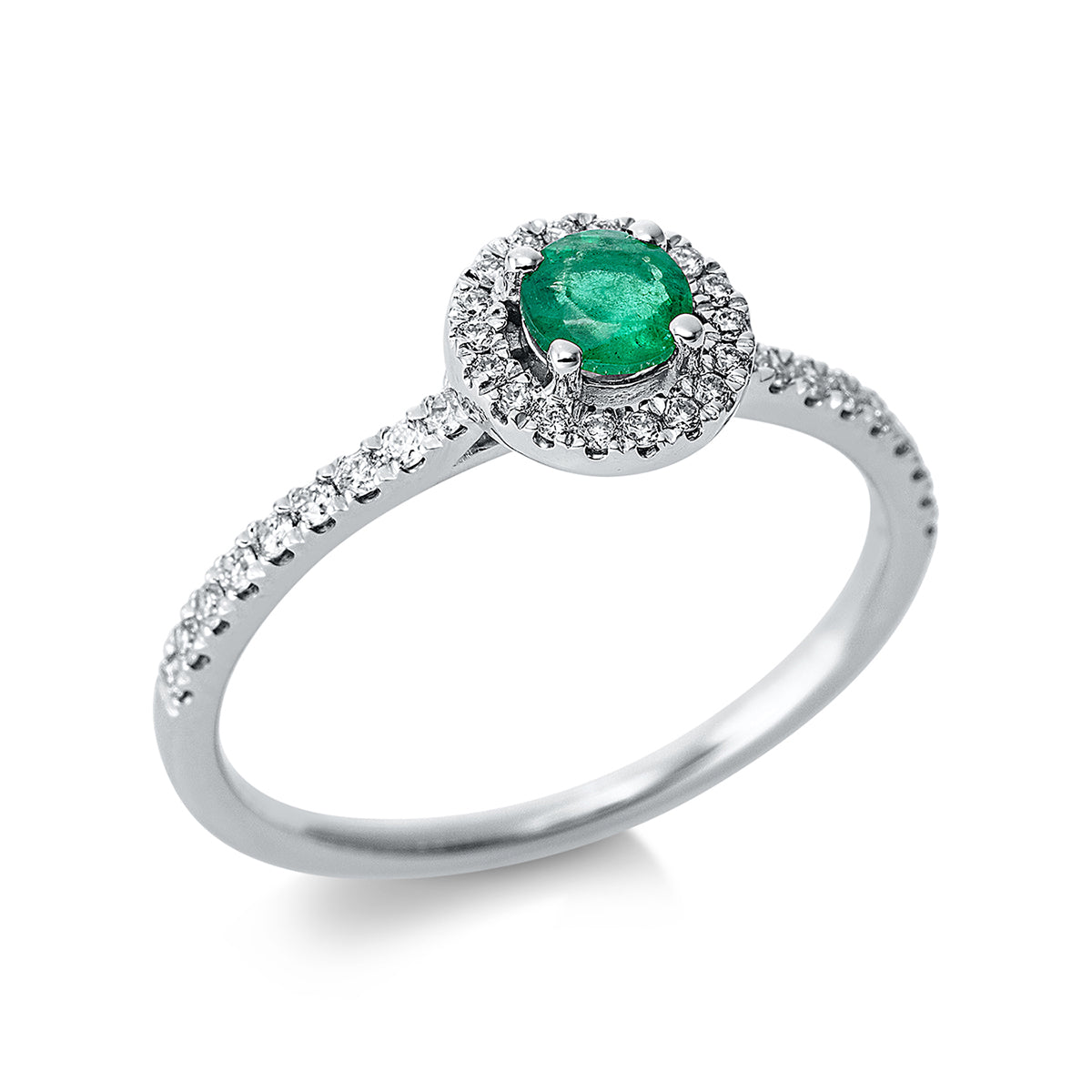 diamond full cut emerald colored stone classic ring in white gold