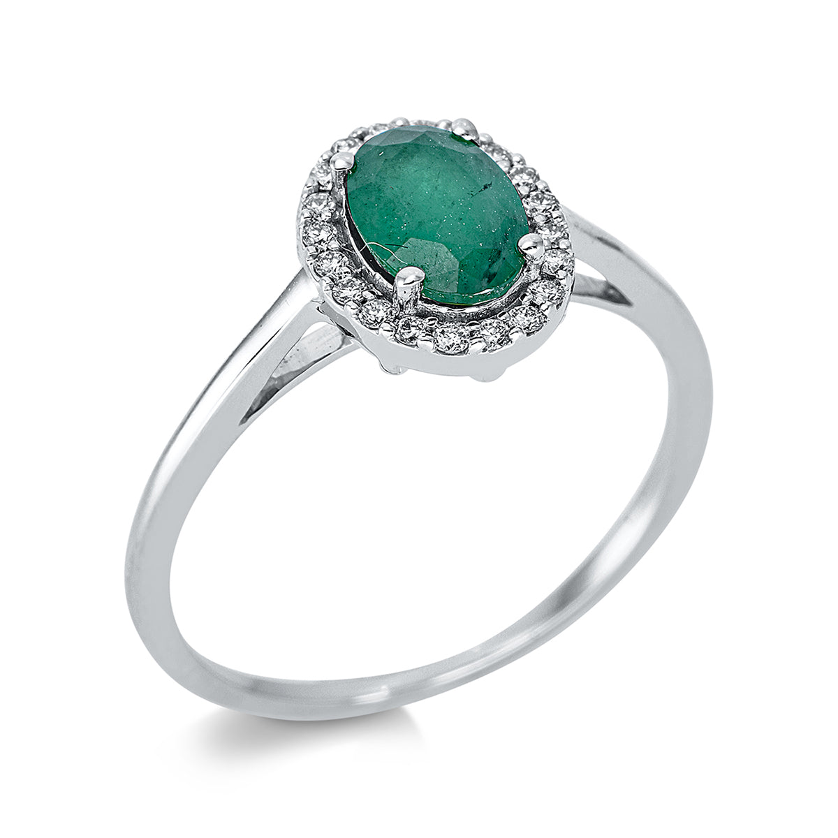 diamond full cut emerald colored stone classic ring in white gold