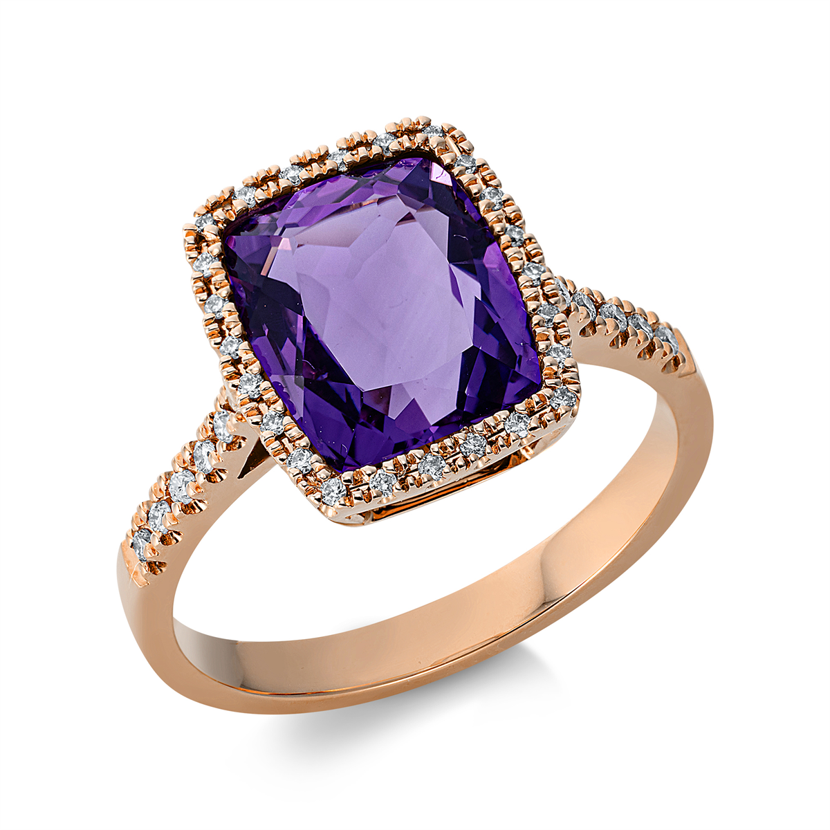 diamond full cut amethyst colored stone fashion ring in red gold