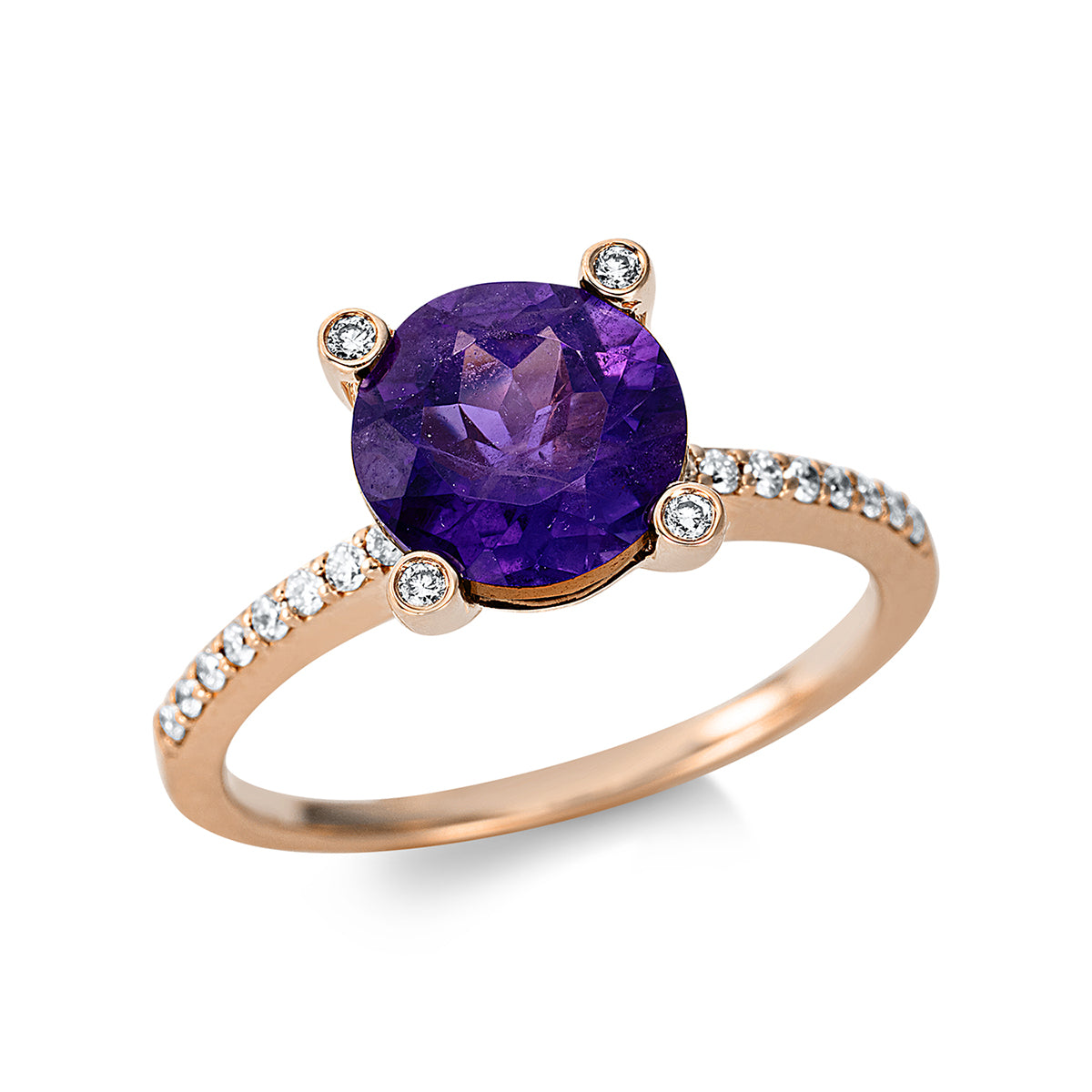 diamond full cut amethyst colored stone fashion ring in red gold