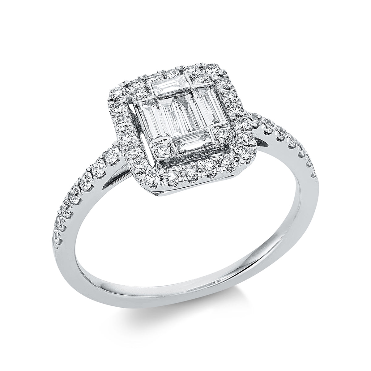 diamond full cut  baguette illusion ring in white gold