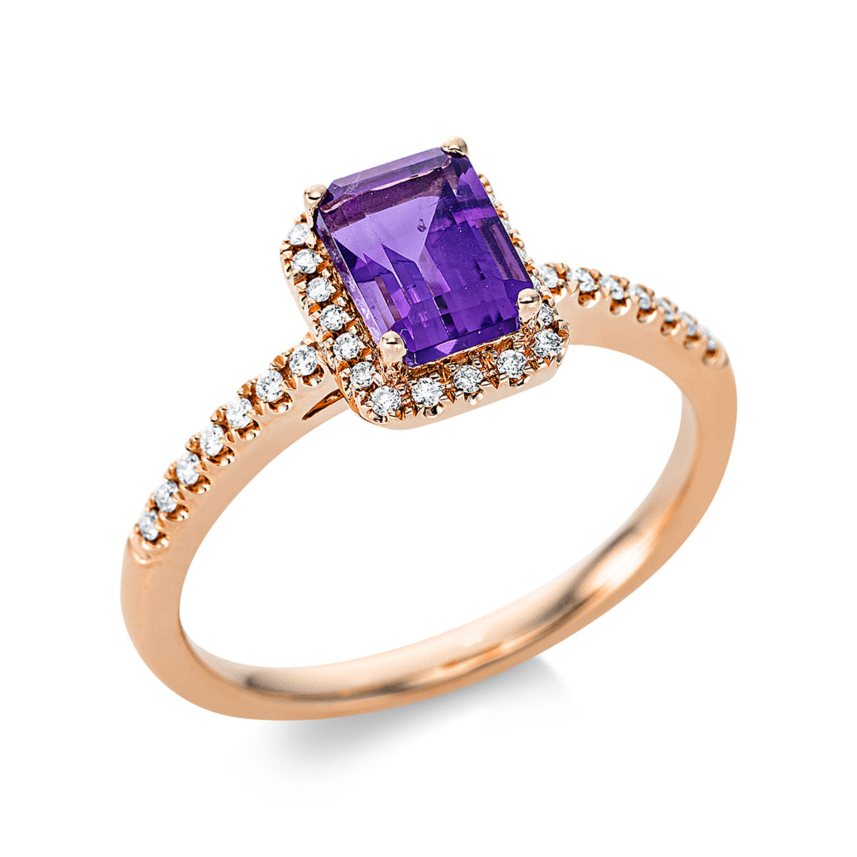diamond full cut amethyst colored stone fashion ring in red gold