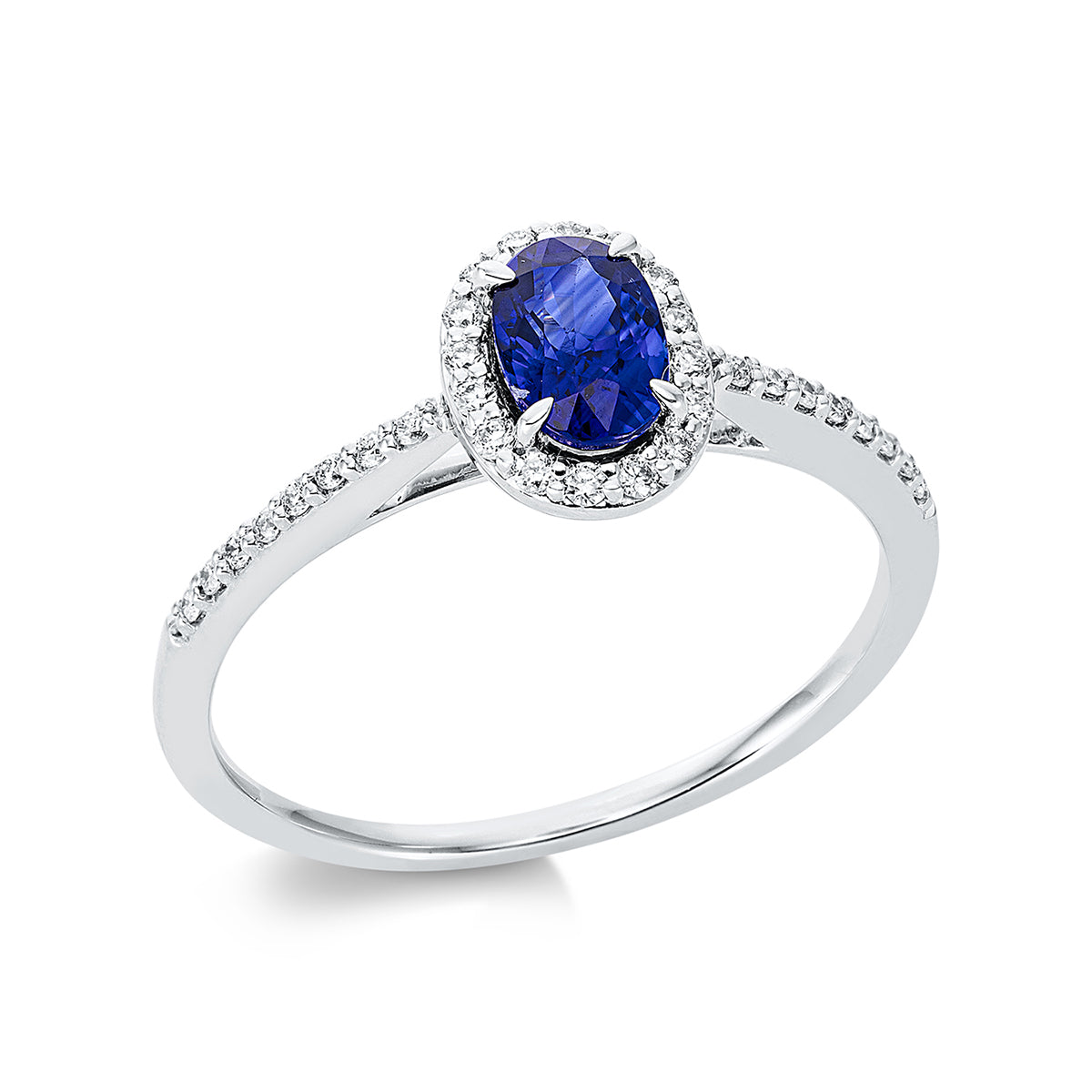diamond full cut sapphire colored stone classic ring in white gold