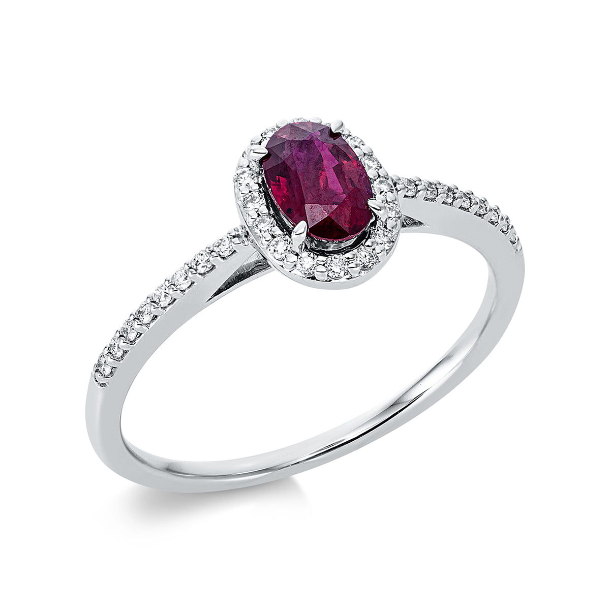 diamond full cut ruby colored stone classic ring in white gold