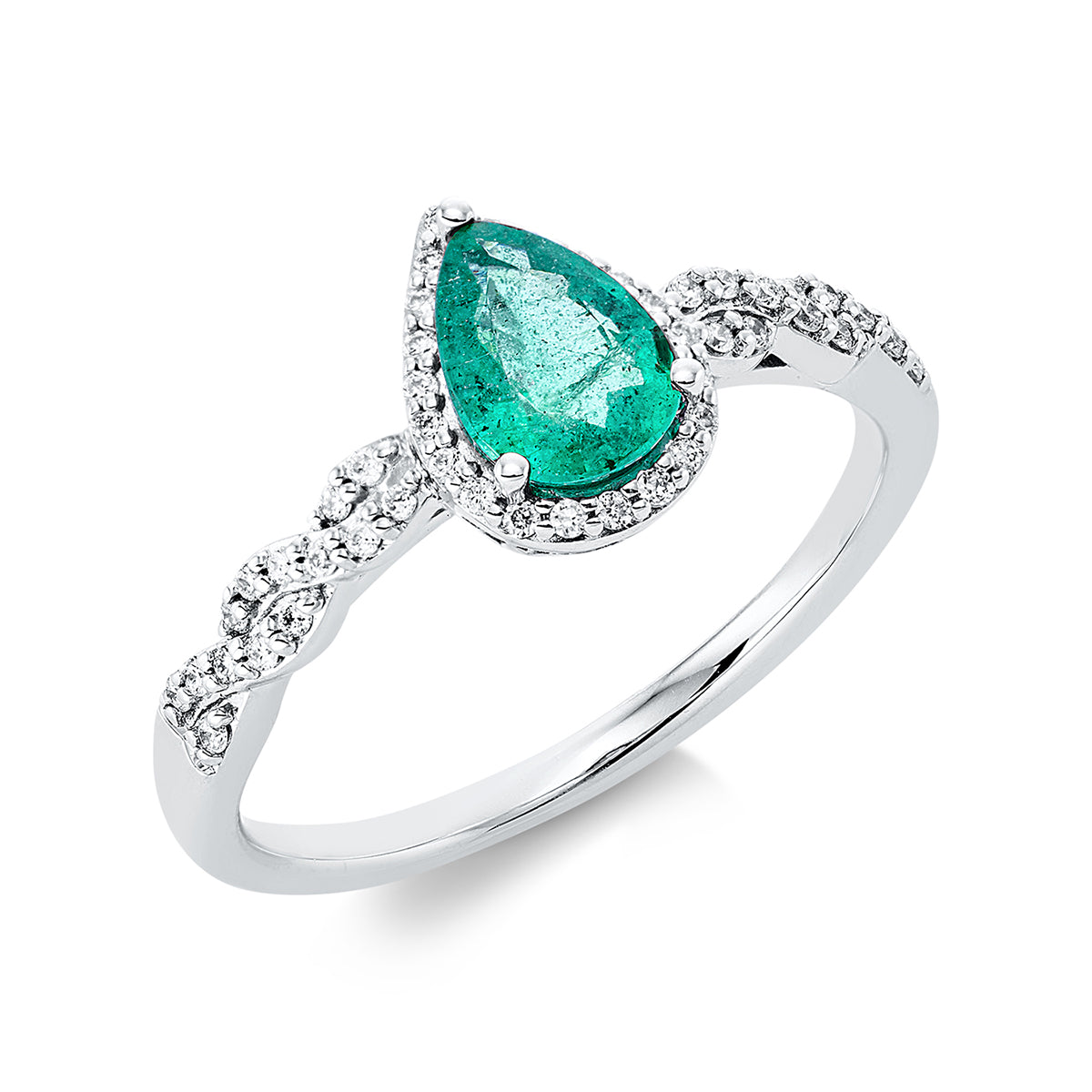 diamond full cut emerald colored stone classic ring in white gold