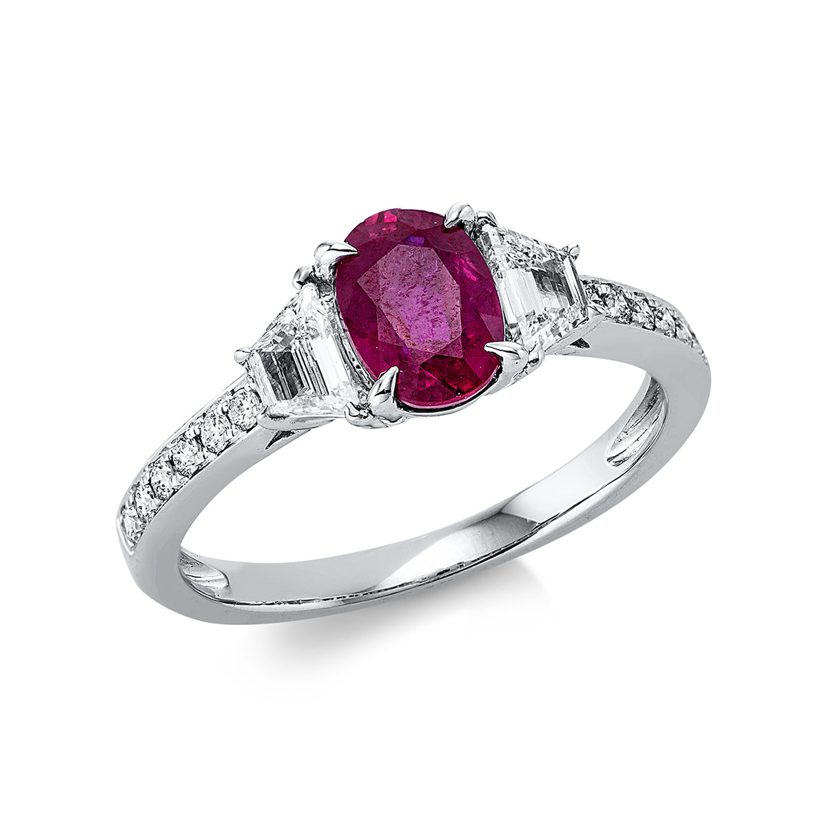 taper ruby colored stone classic ring in white gold