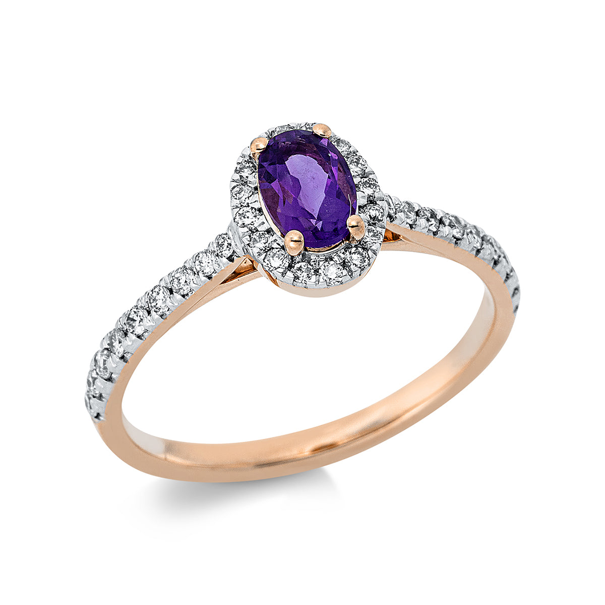 diamond full cut amethyst colored stone fashion ring in red gold