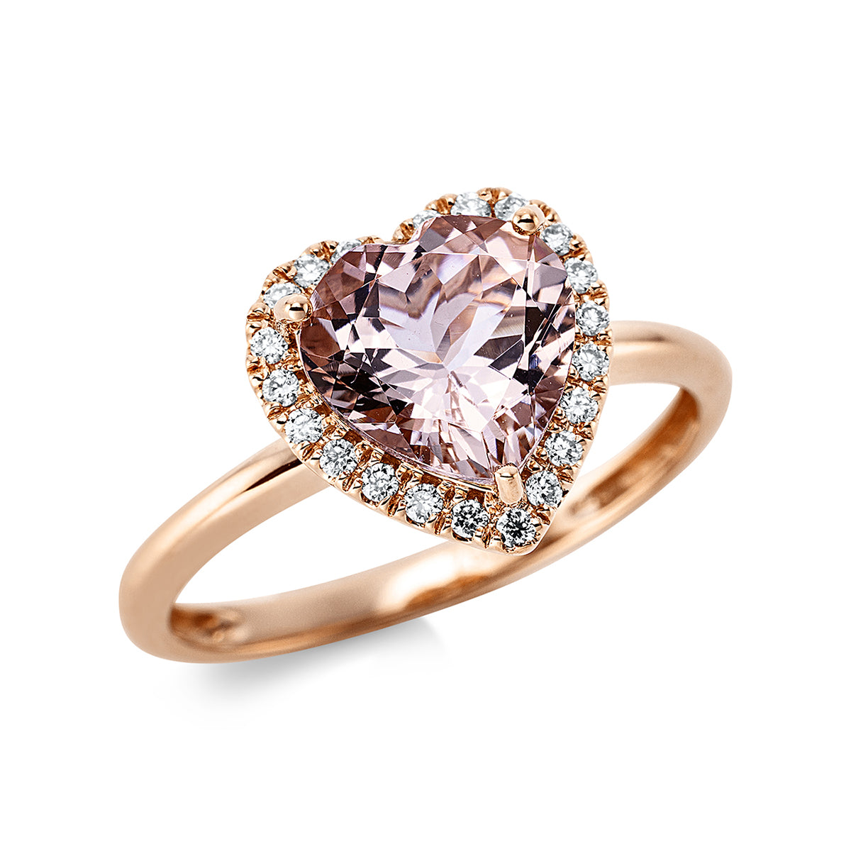 diamond full cut morganite heart ring in red gold