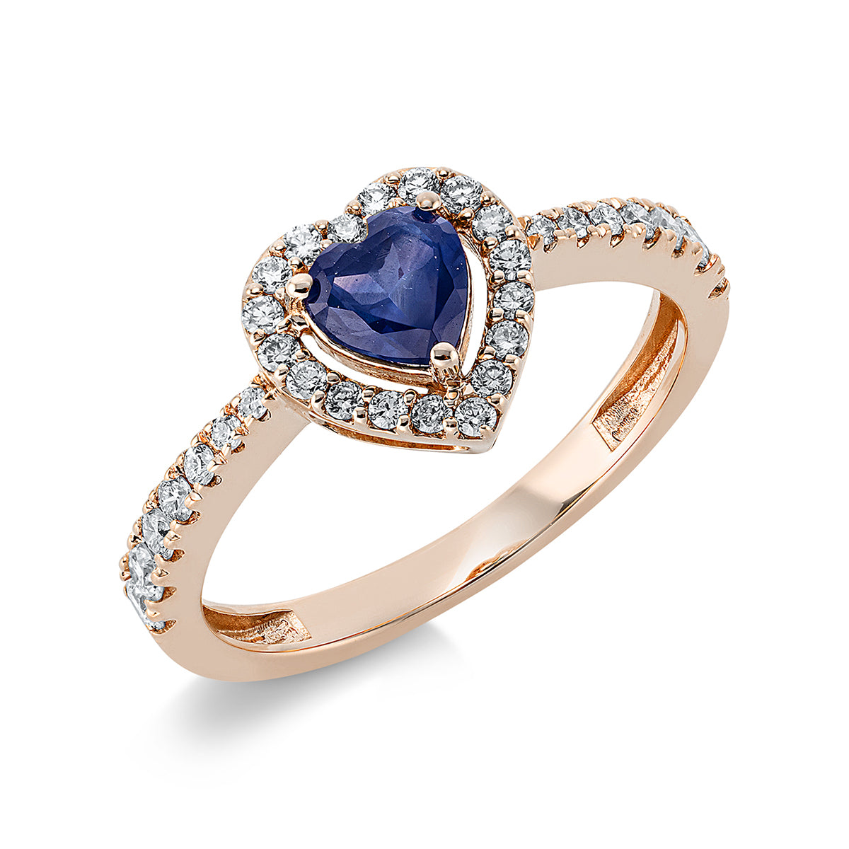 diamond full cut sapphire heart ring in red gold