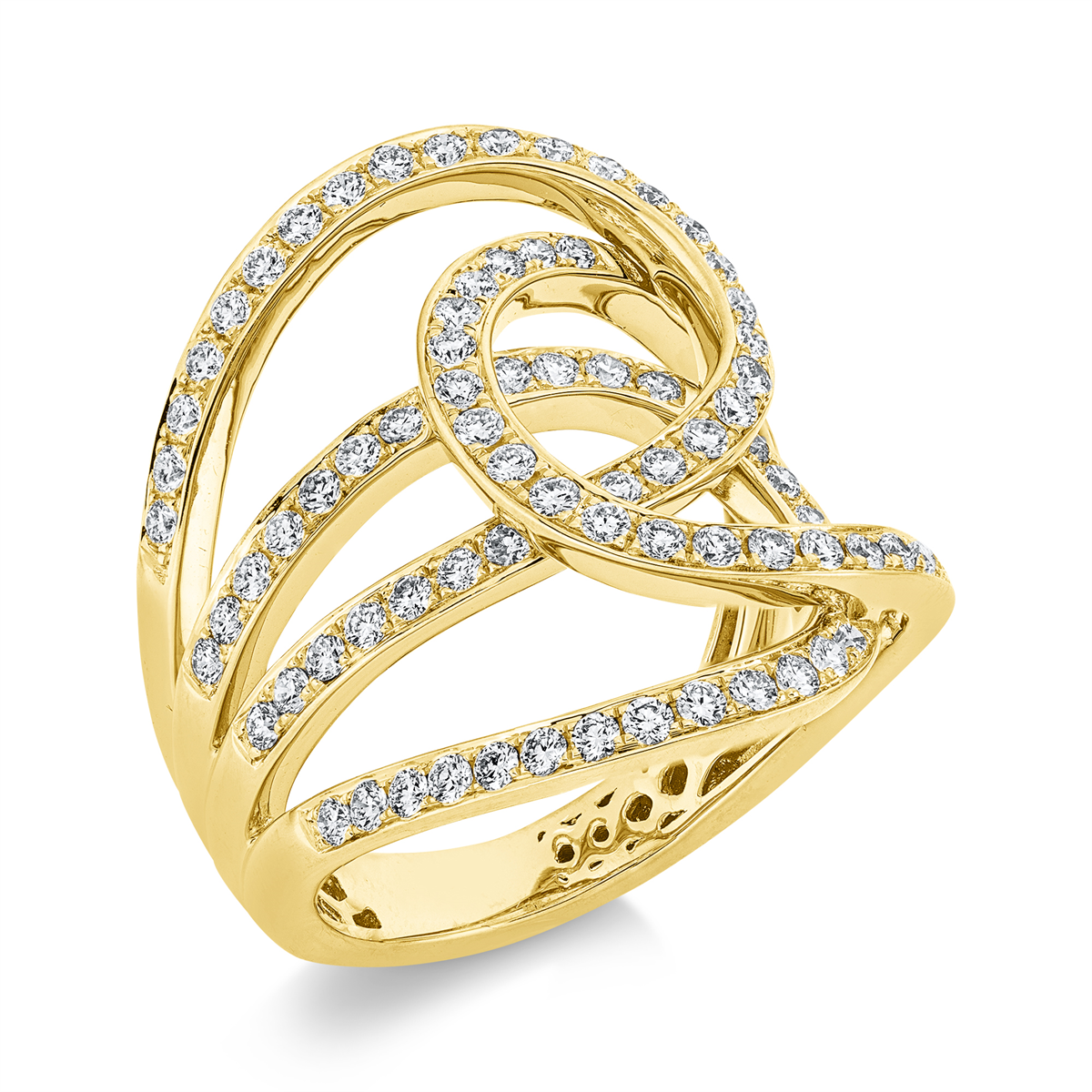diamond full cut  criss cross ring in yellow gold