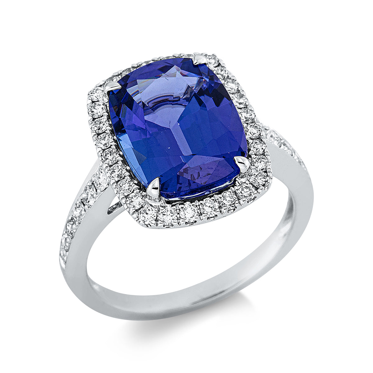 diamond full cut tanzanite colored stone classic ring in white gold