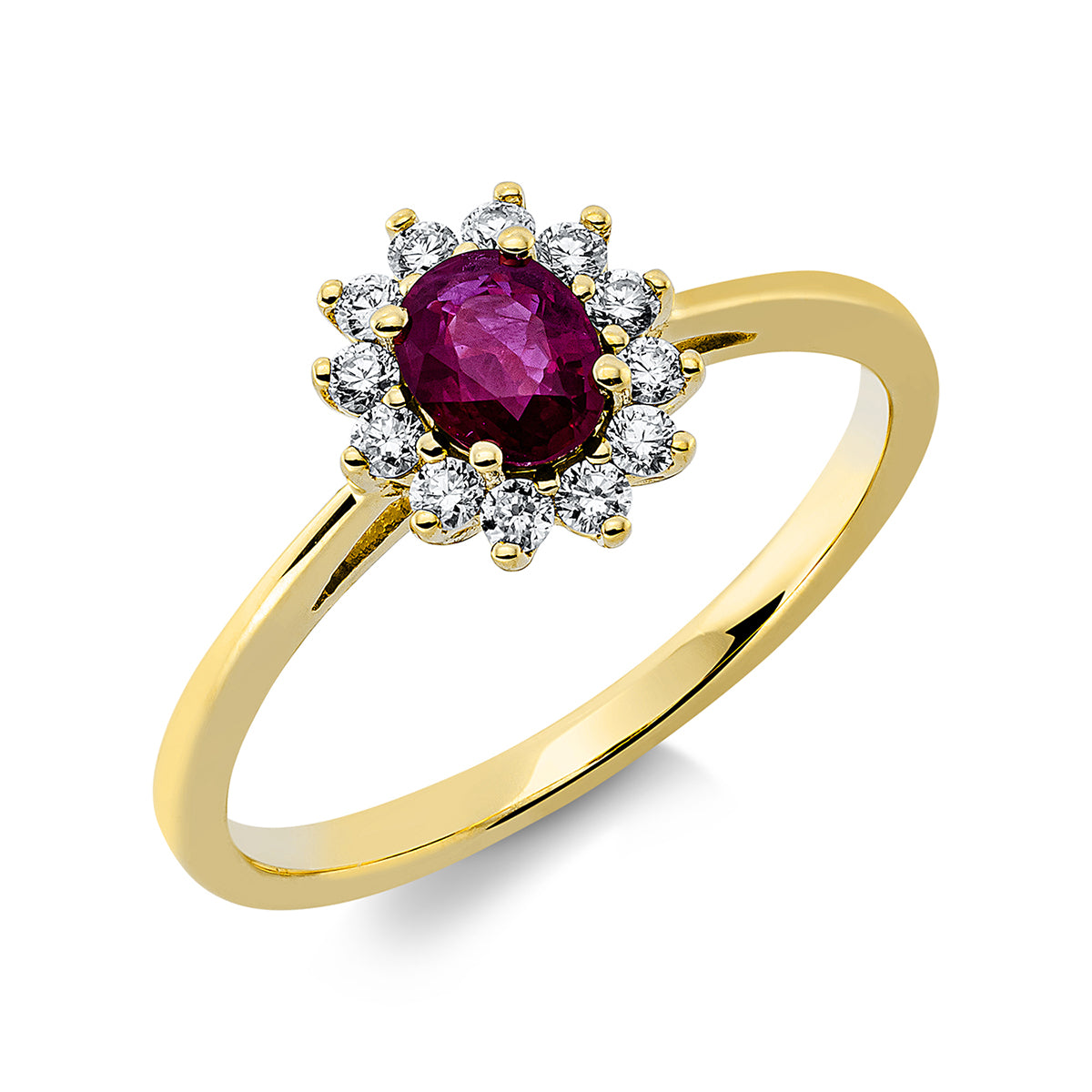 diamond full cut ruby colored stone classic ring in yellow gold