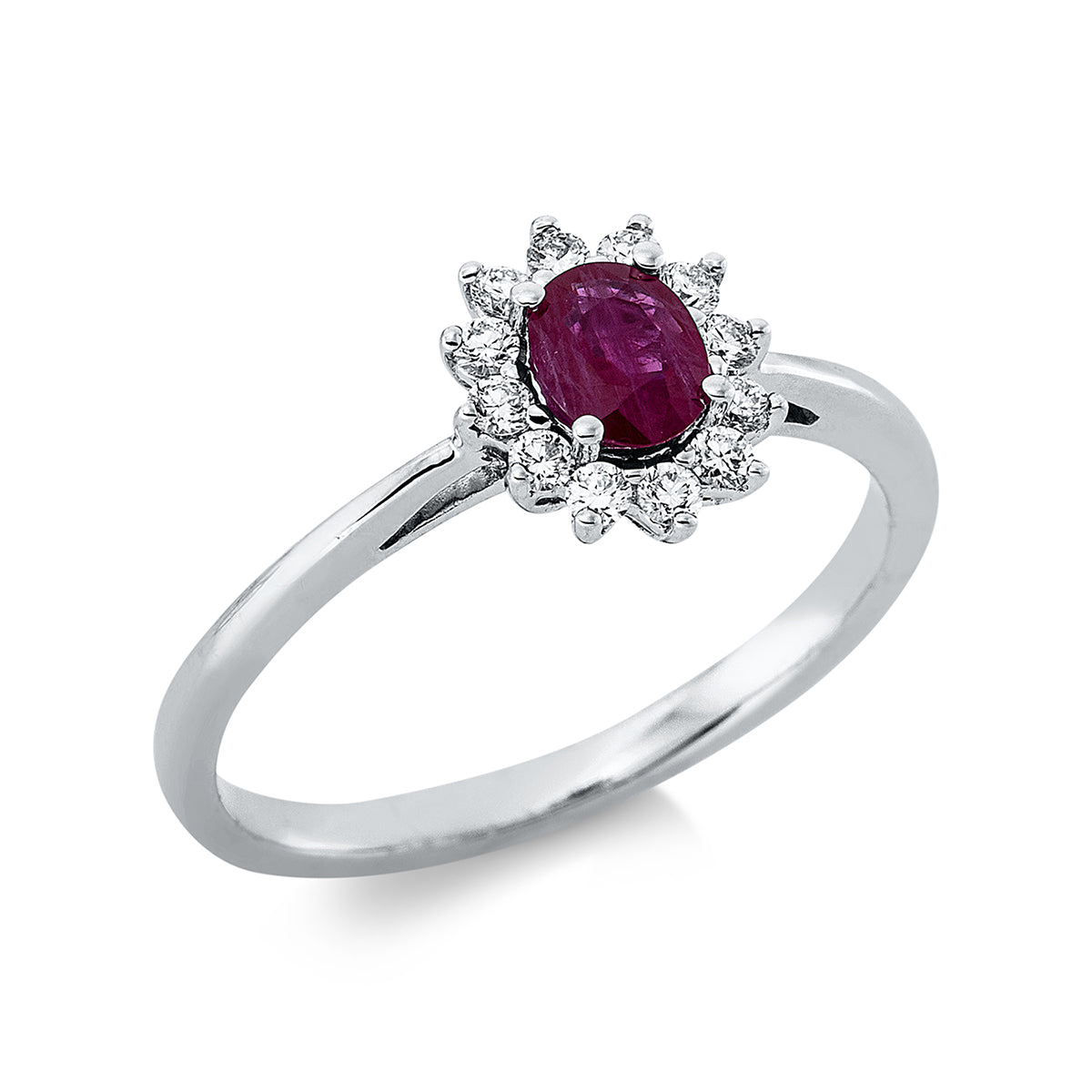 diamond full cut ruby colored stone classic ring in white gold