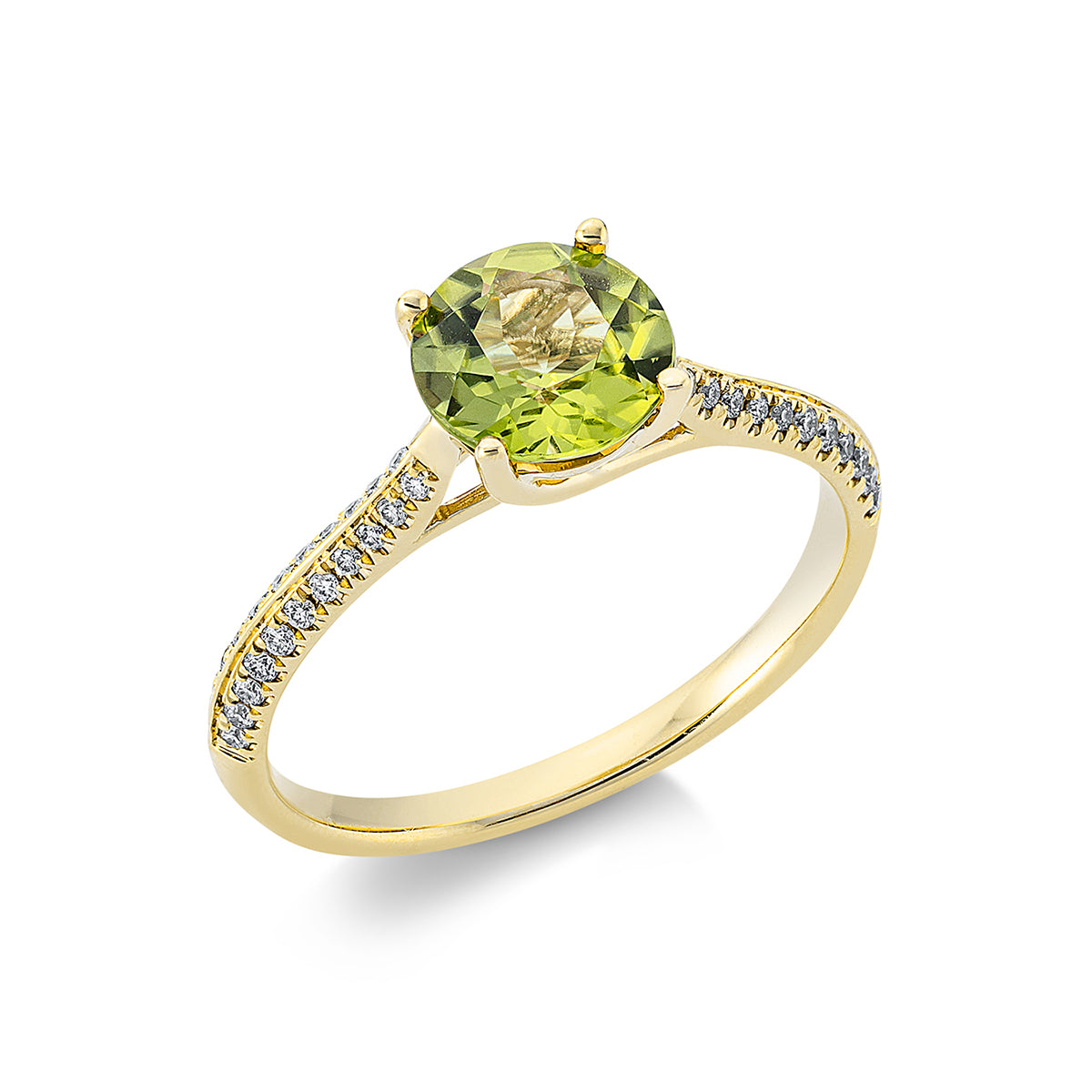 diamond full cut peridot colored stone fashion ring in yellow gold