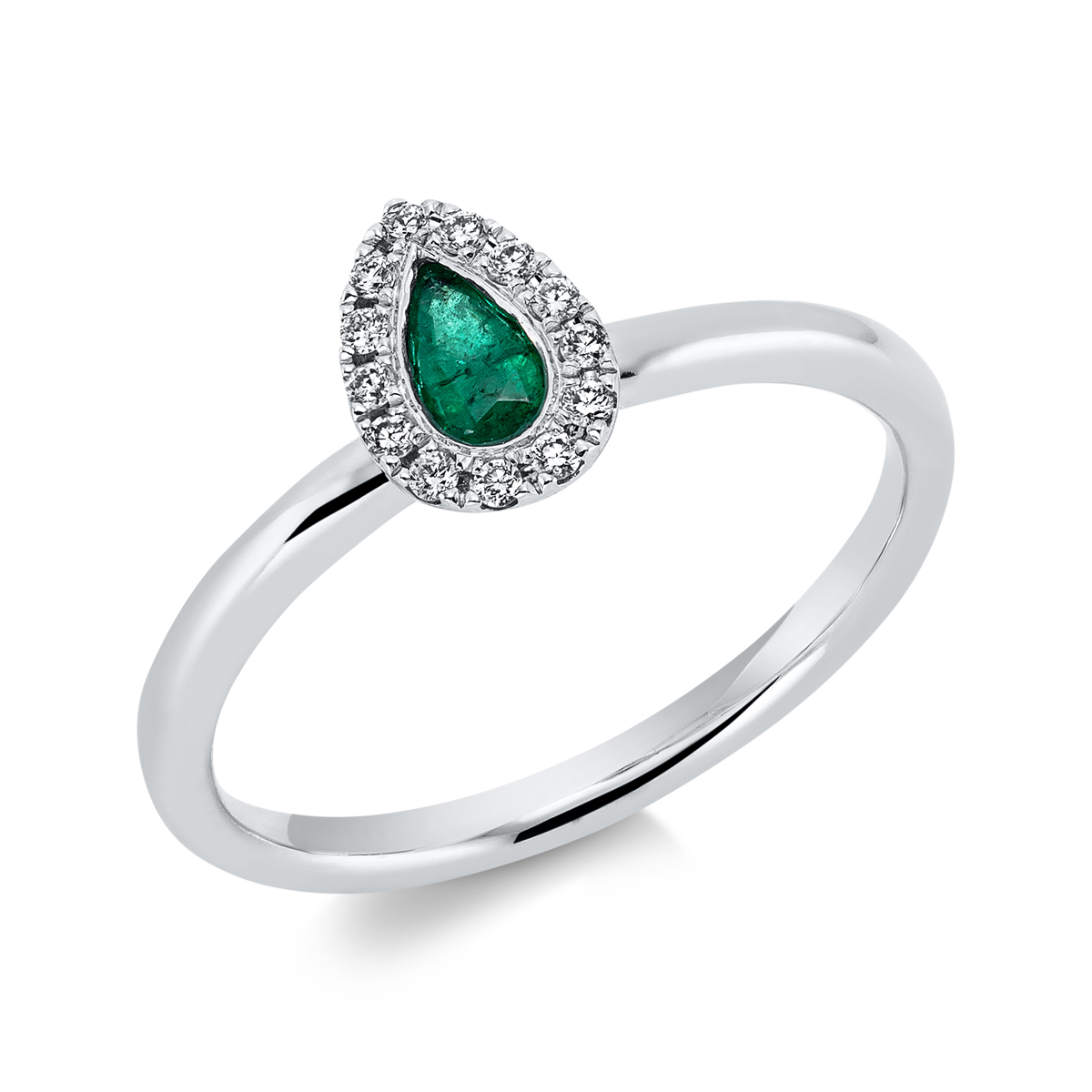 diamond full cut emerald colored stone classic ring in white gold