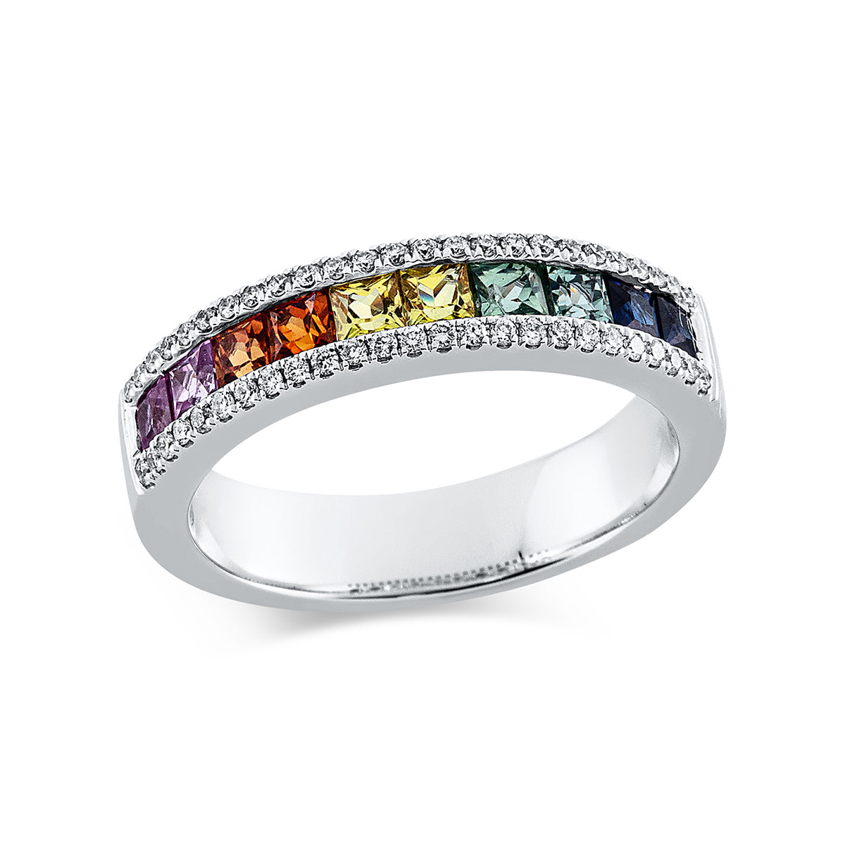 diamond full cut sapphire rainbow & multicolor ring in white gold