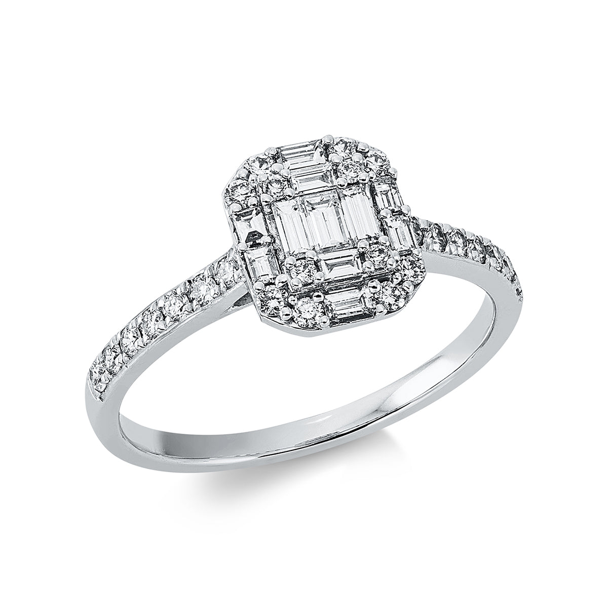 diamond full cut  baguette illusion ring in white gold