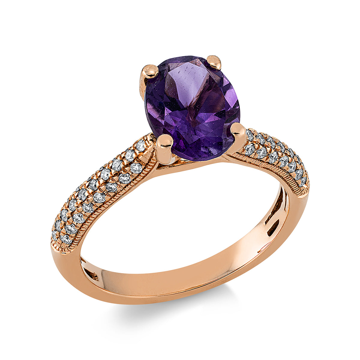 diamond full cut amethyst colored stone fashion ring in red gold