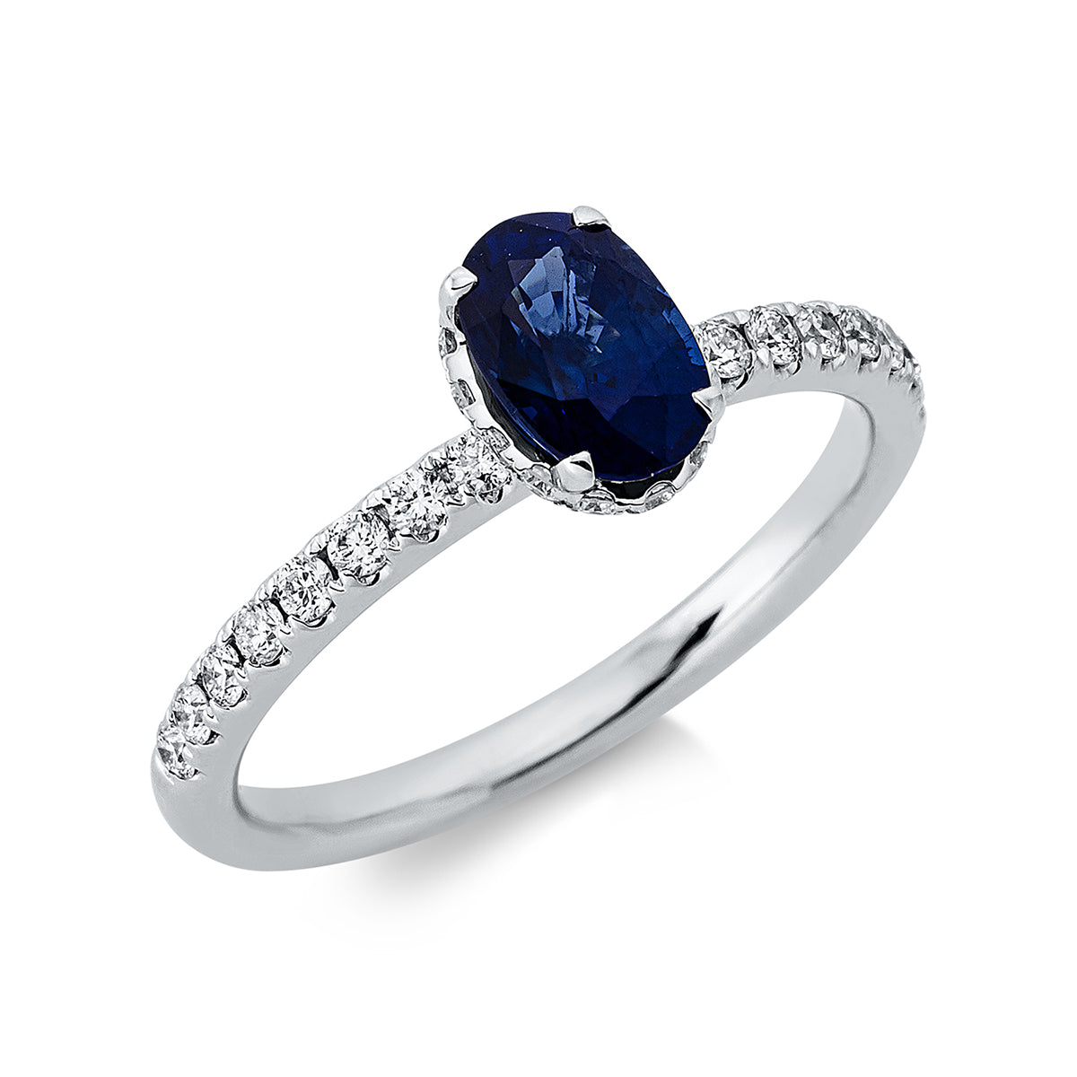 diamond full cut sapphire colored stone classic ring in white gold