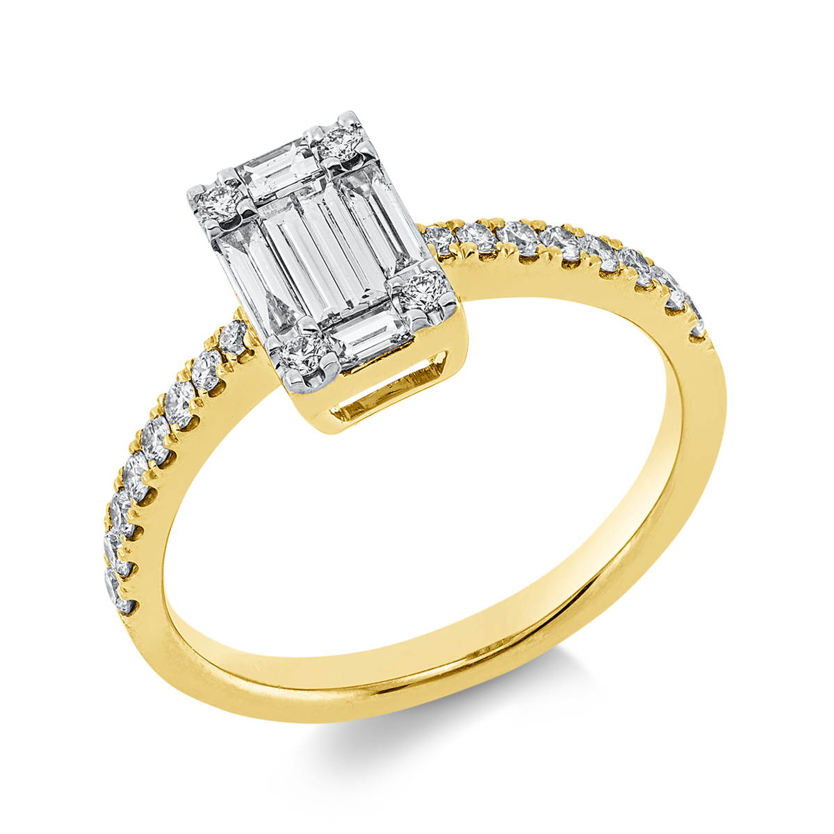 diamond full cut  baguette illusion ring in yellow gold