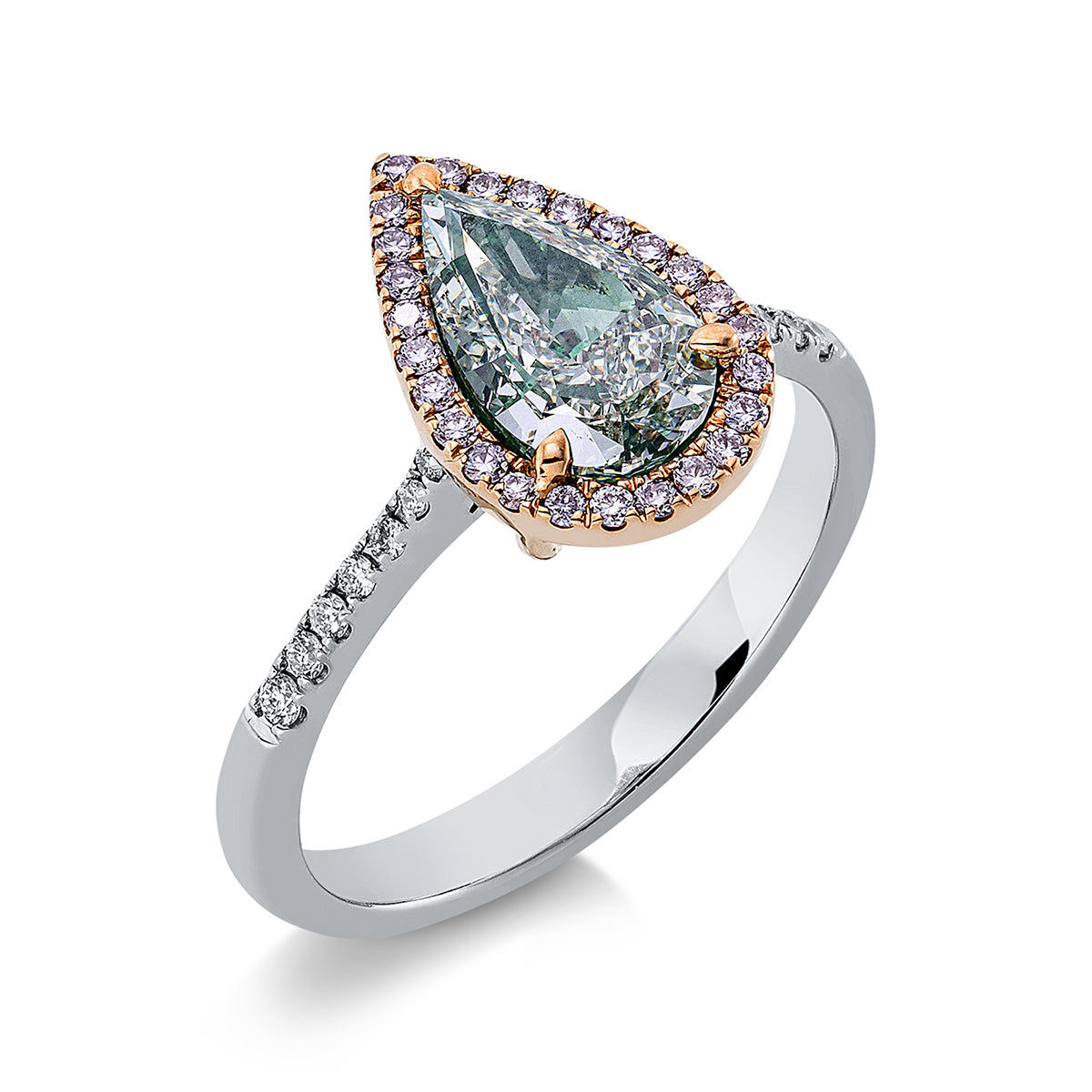 pear shape  fancy colored diamond ring in whitegold / rosegold