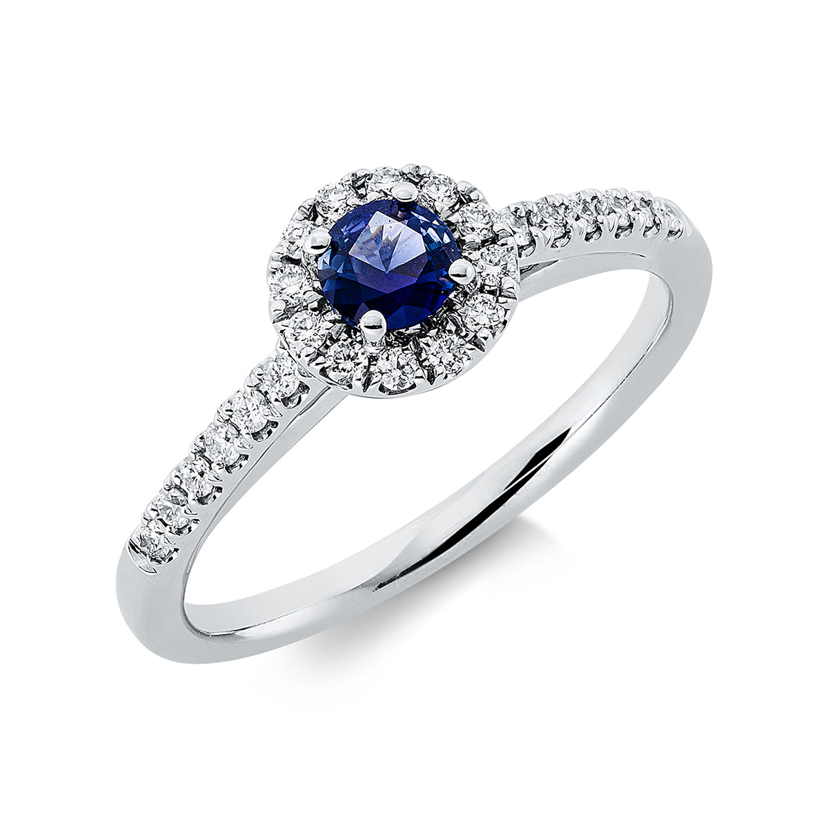diamond full cut sapphire colored stone classic ring in white gold