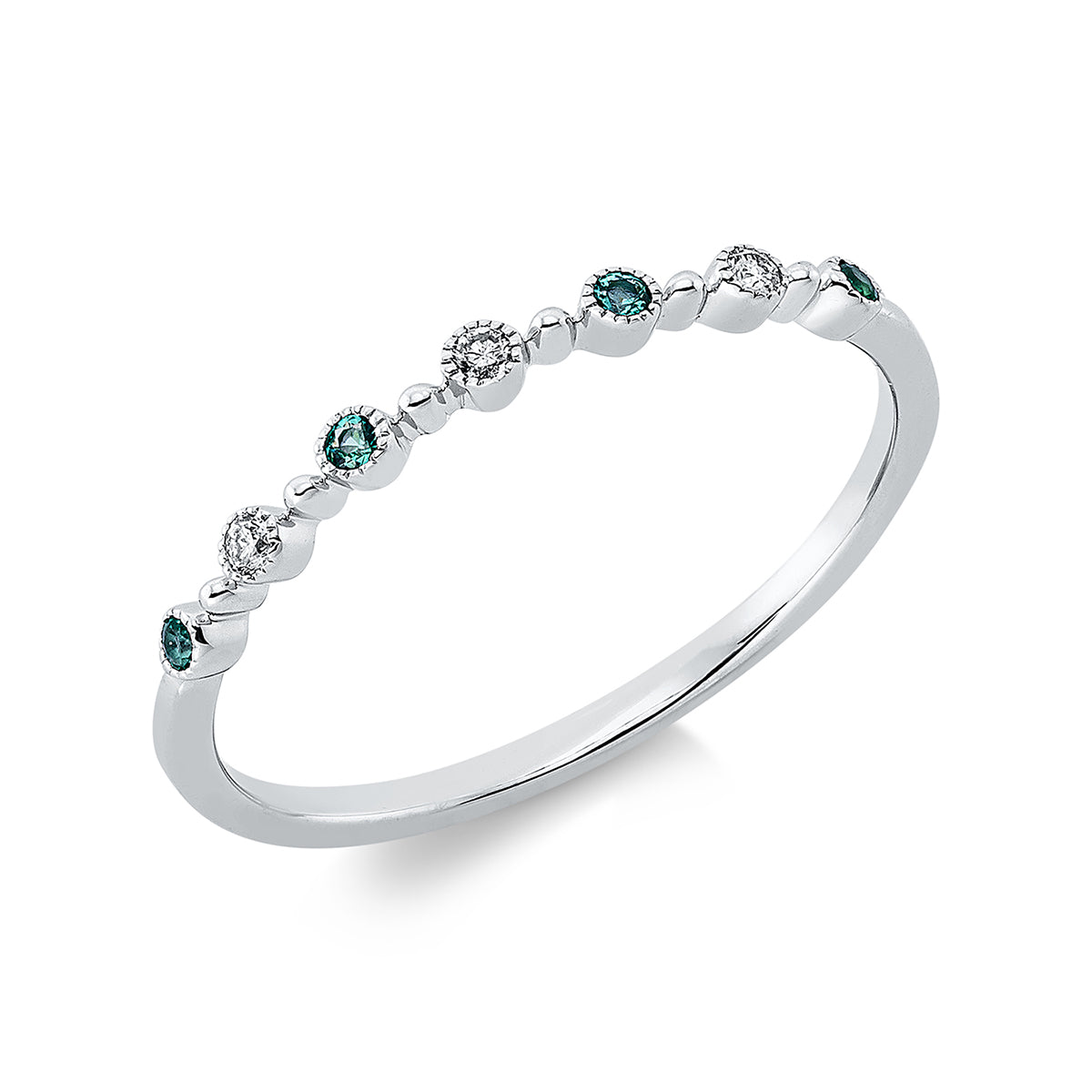 diamond full cut emerald colored stone classic ring in white gold