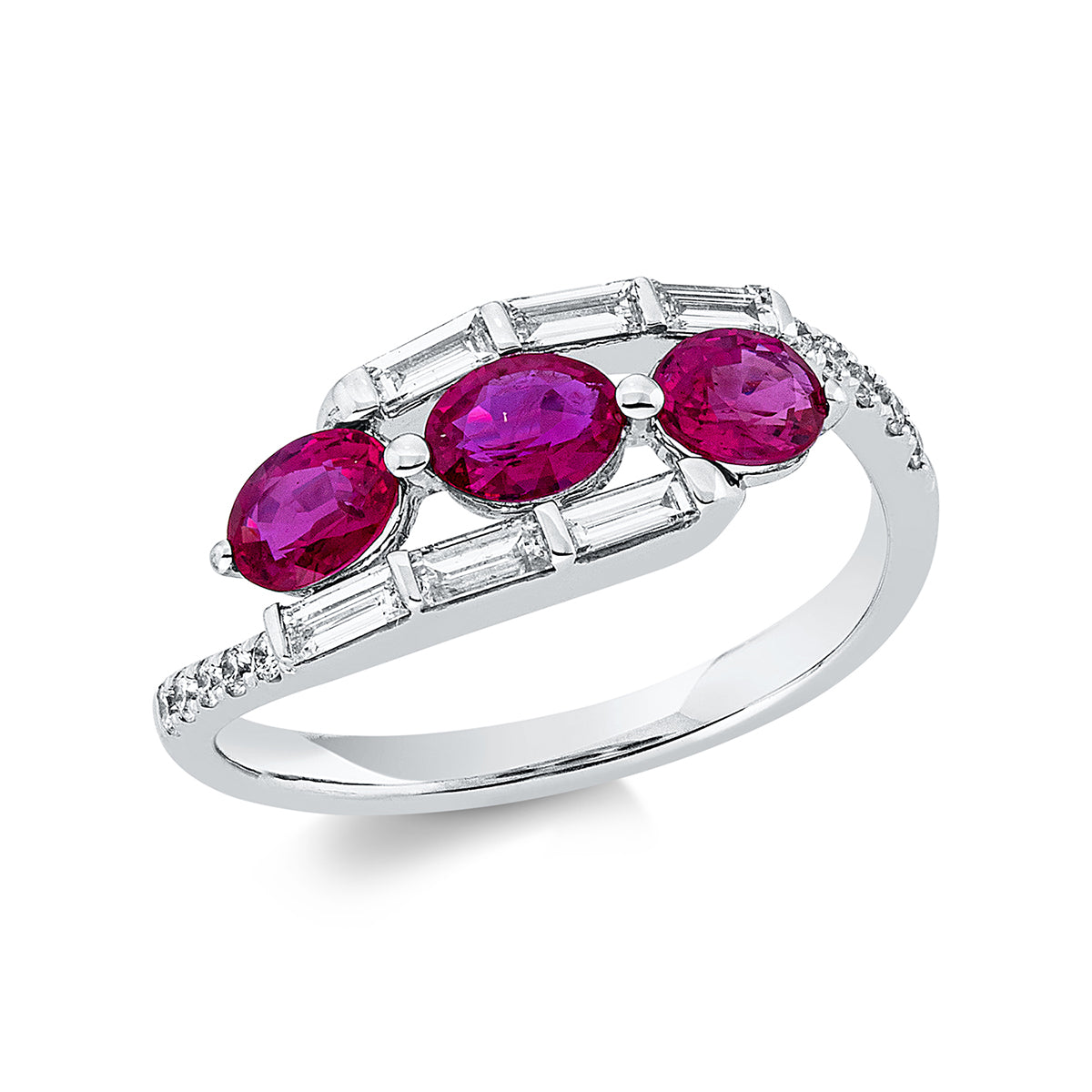 diamond full cut ruby colored stone classic ring in white gold