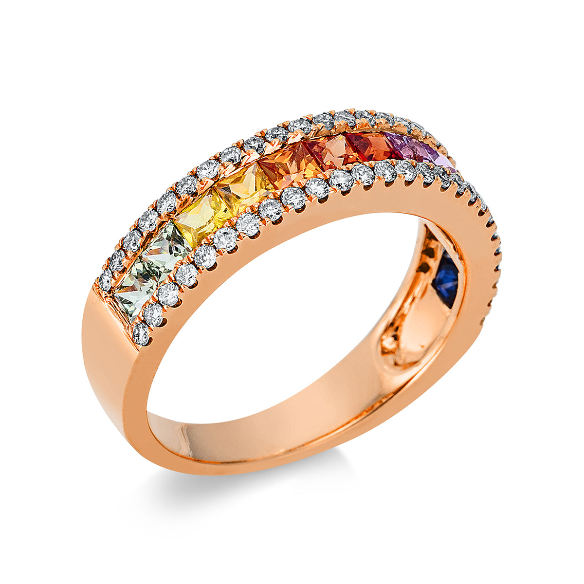 diamond full cut sapphire rainbow & multicolor ring in red gold