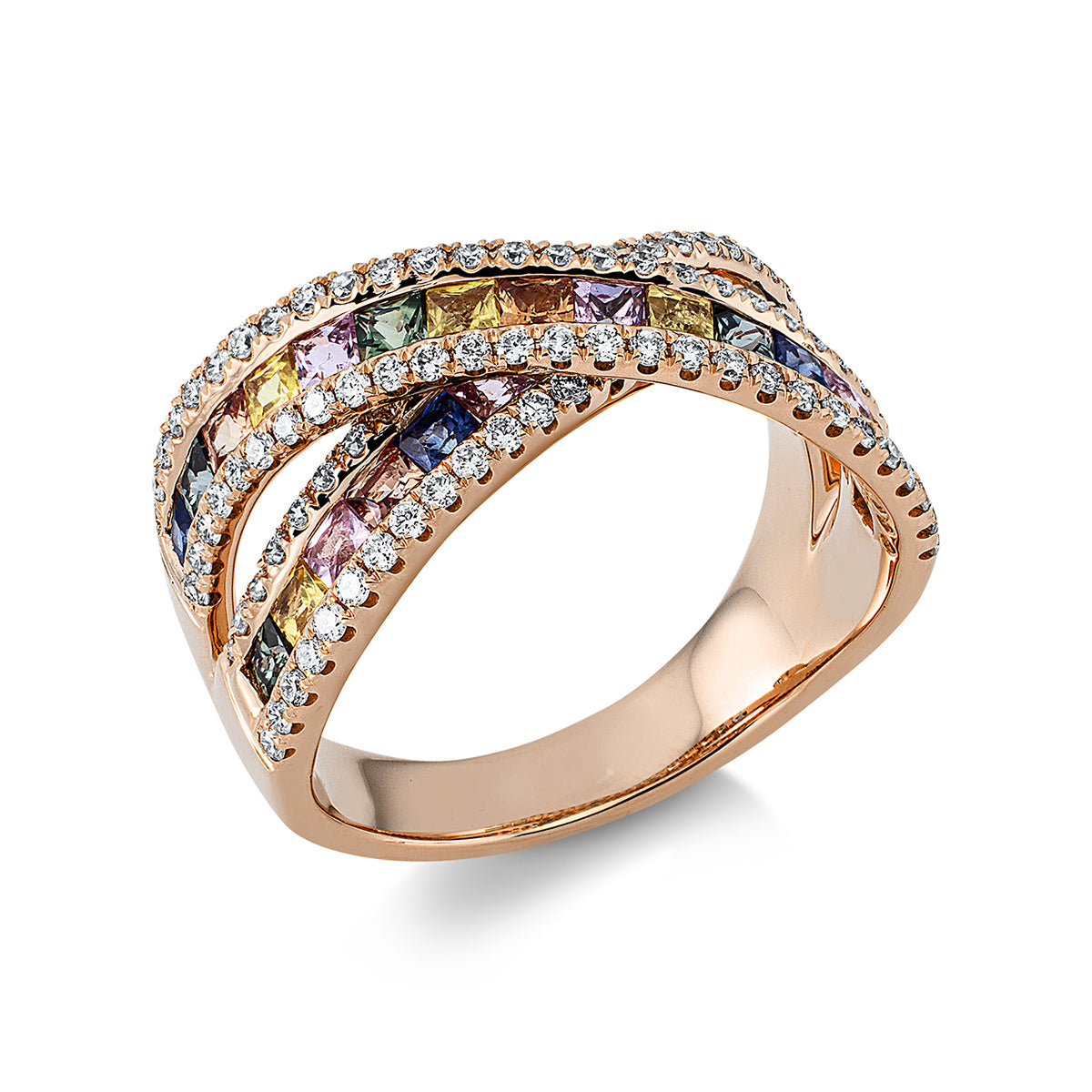 diamond full cut sapphire rainbow & multicolor ring in red gold