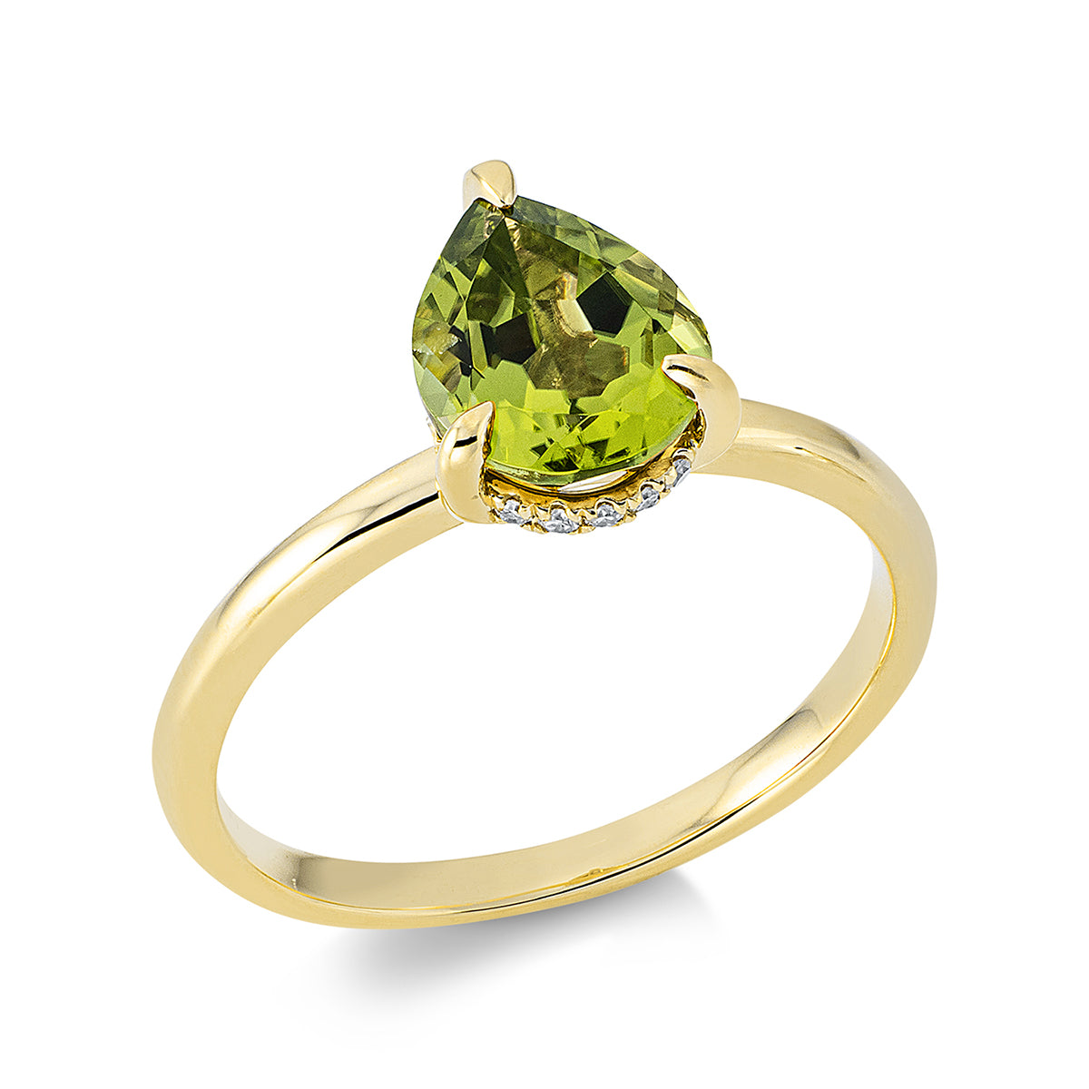 diamond single cut peridot colored stone fashion ring in yellow gold