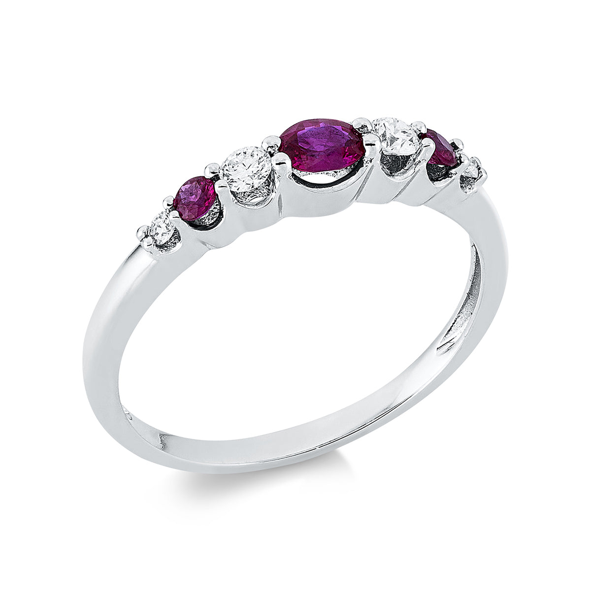 diamond full cut ruby colored stone classic ring in white gold
