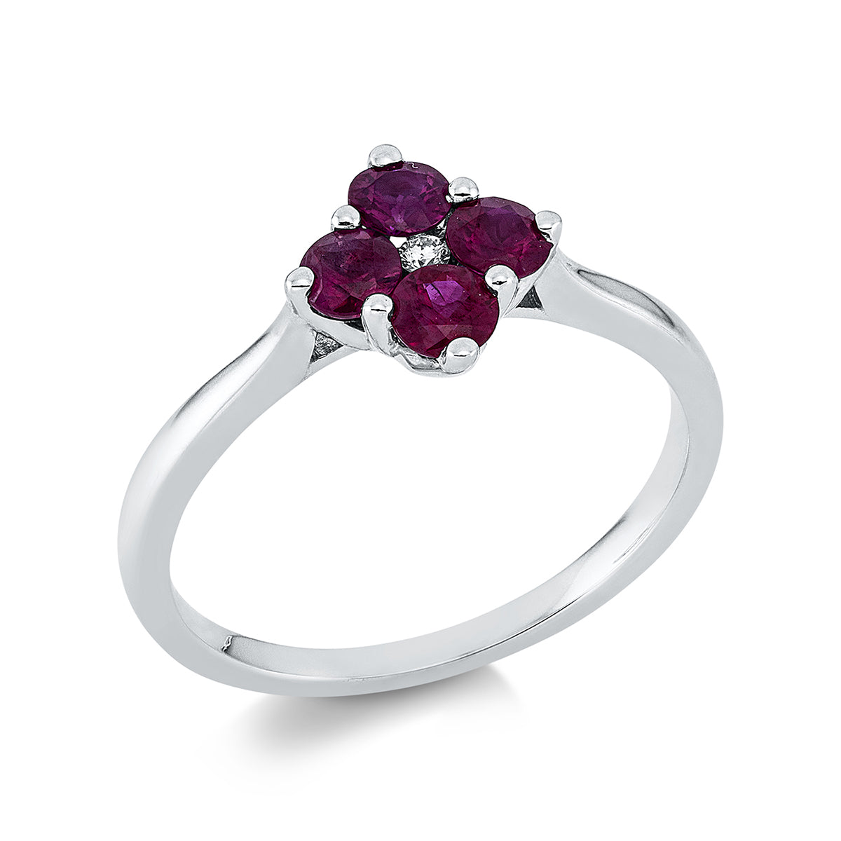 diamond full cut ruby colored stone classic ring in white gold