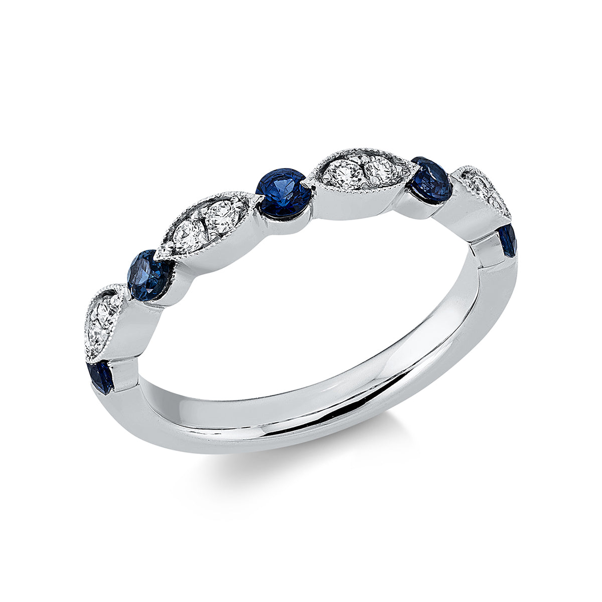 diamond full cut sapphire colored stone classic ring in white gold